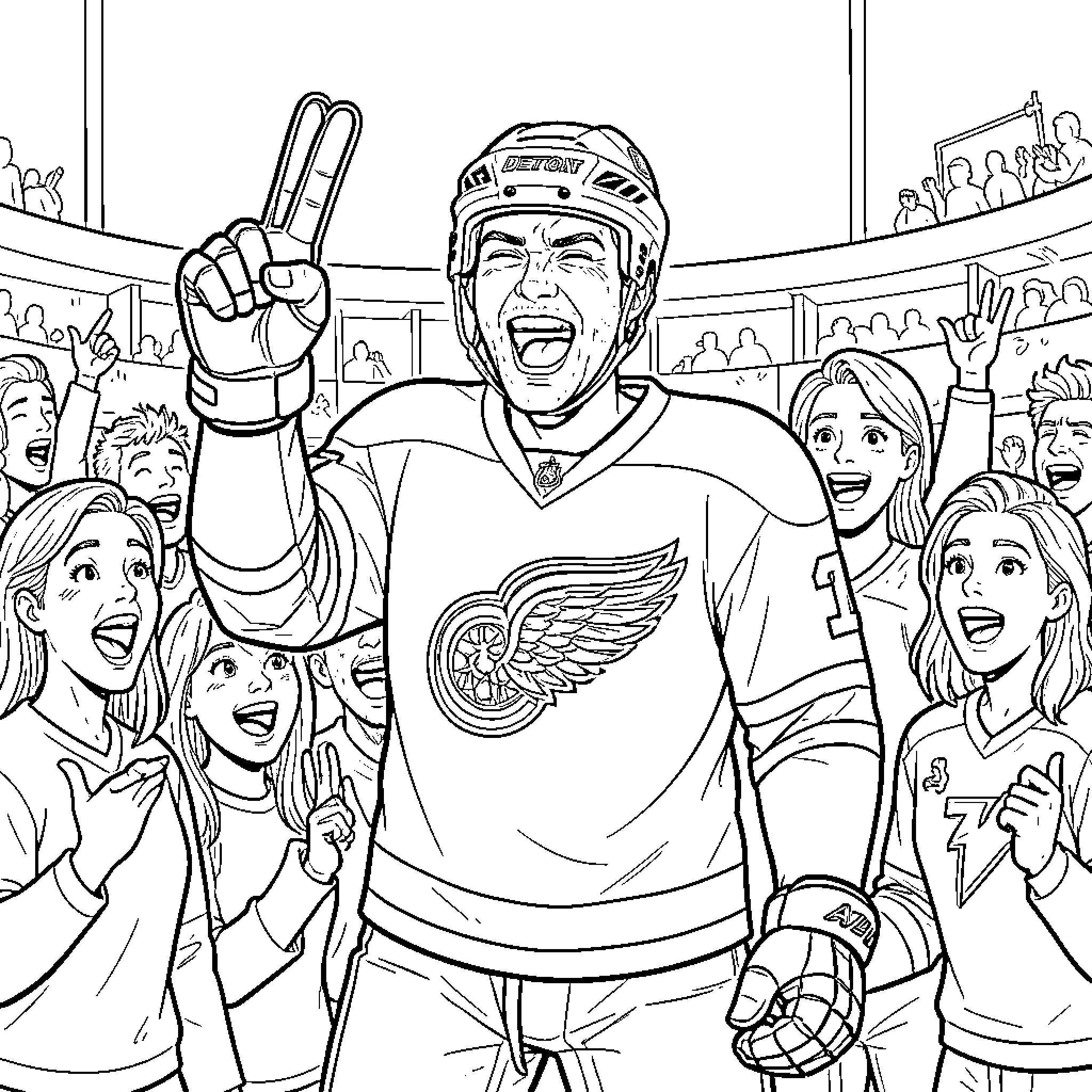 Hockey Player celebrating victory with cheering fans Coloring Page (free black-and-white line drawing printable PDF for all, from beginners to advanced learners, including children, teens, adults, and seniors)