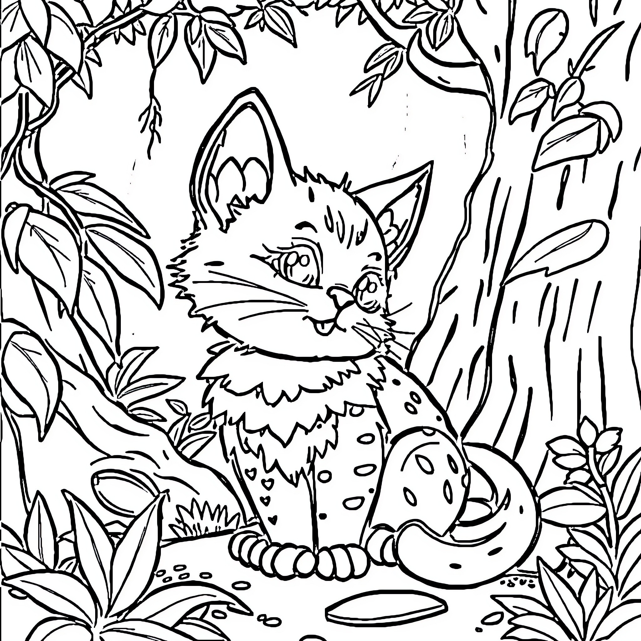 Cat playing in the lush foliage Coloring Page (free black-and-white line drawing printable PDF for all, from beginners to advanced learners, including children, teens, adults, and seniors)