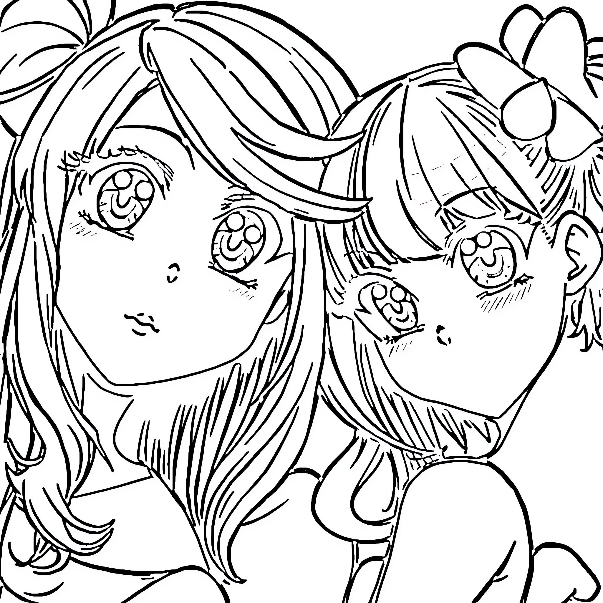 Anime Girls Enjoying Nature Coloring Page (free black-and-white line drawing printable PDF for all, from beginners to advanced learners, including children, teens, adults, and seniors)