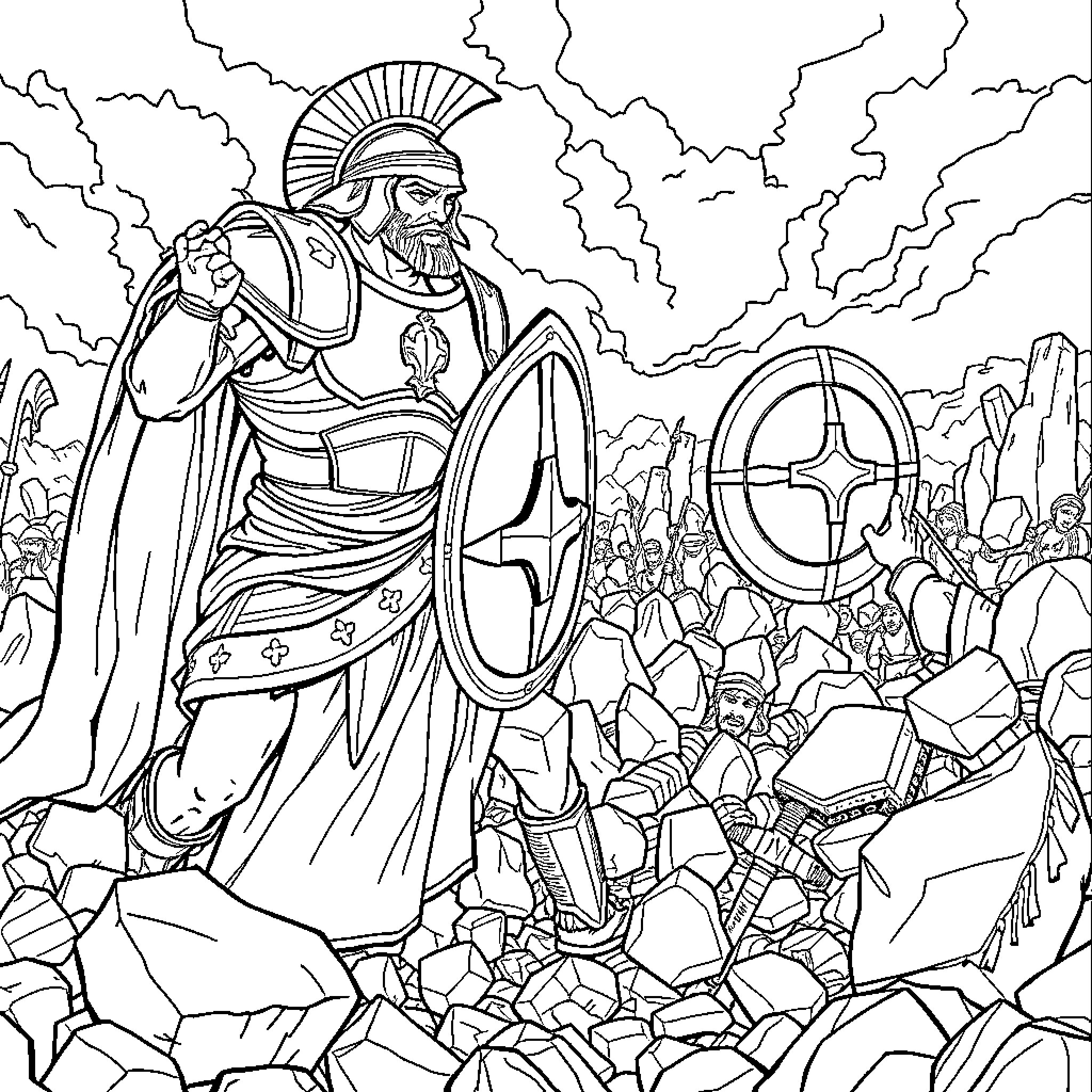 David the Warrior Leading His People into Battle Coloring Page (free black-and-white line drawing printable PDF for all, from beginners to advanced learners, including children, teens, adults, and seniors)