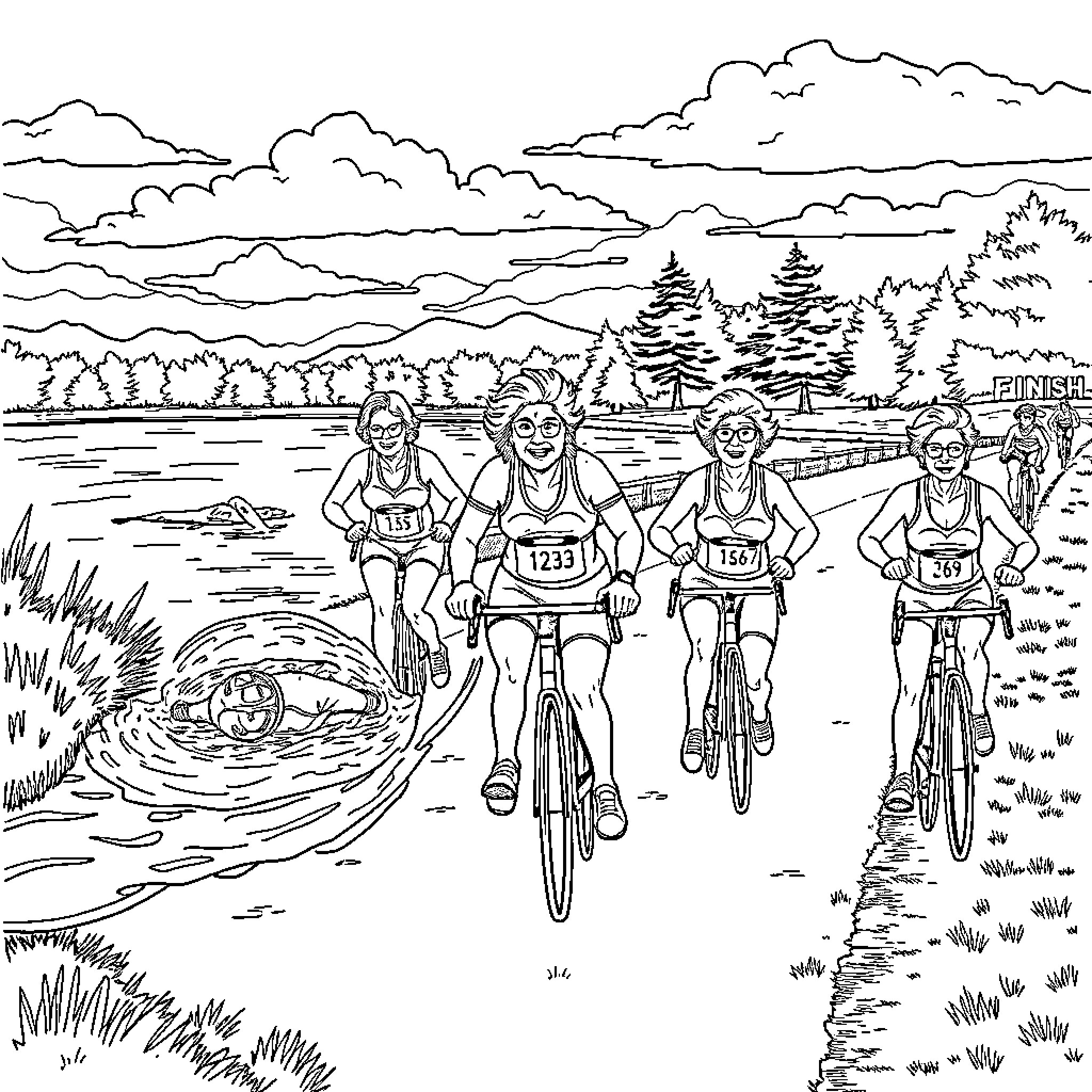 Lady cyclists racing through scenic countryside Coloring Page (free black-and-white line drawing printable PDF for all, from beginners to advanced learners, including children, teens, adults, and seniors)