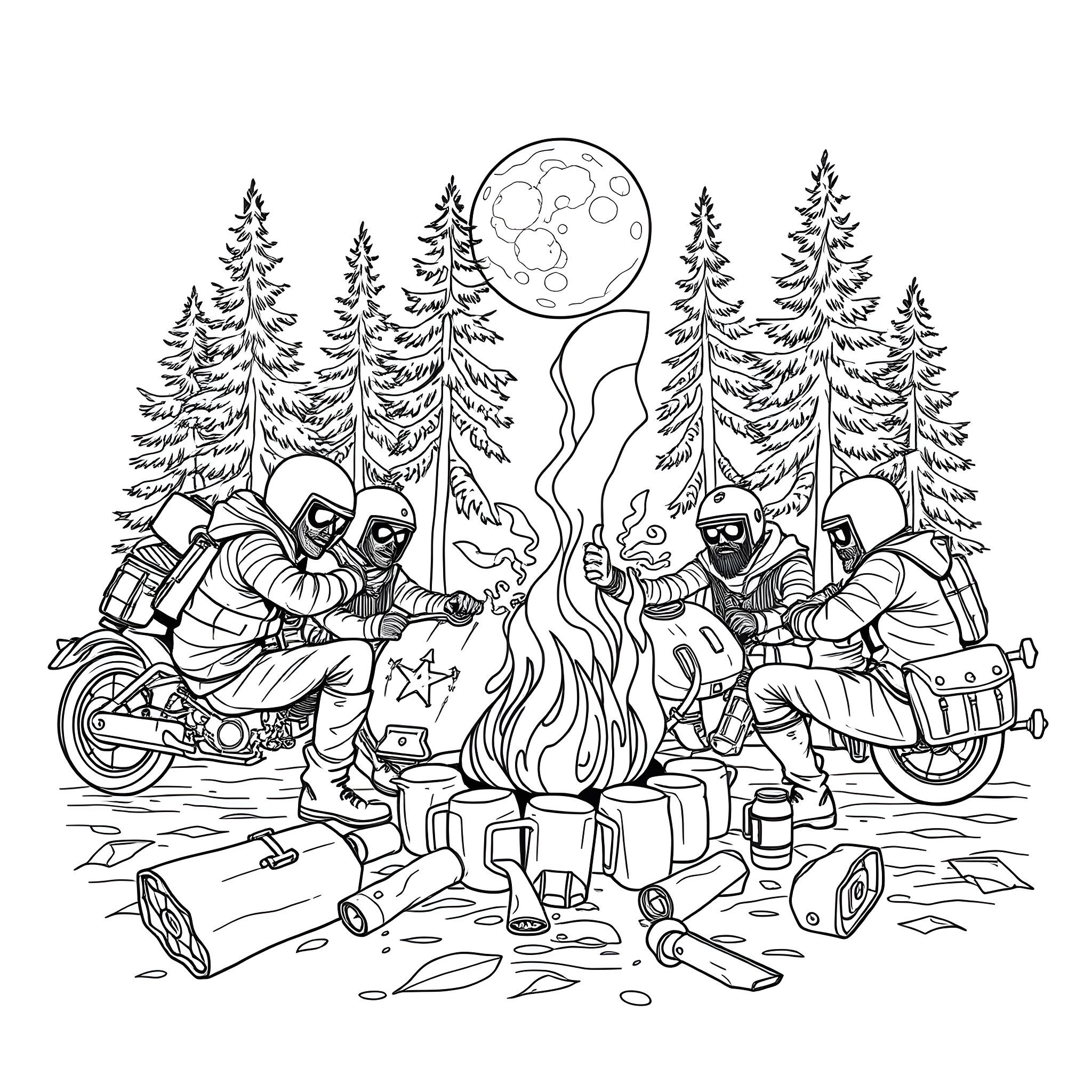 Motorcycle riders gathered around a campfire in the forest Coloring Page (free black-and-white line drawing printable PDF for all, from beginners to advanced learners, including children, teens, adults, and seniors)