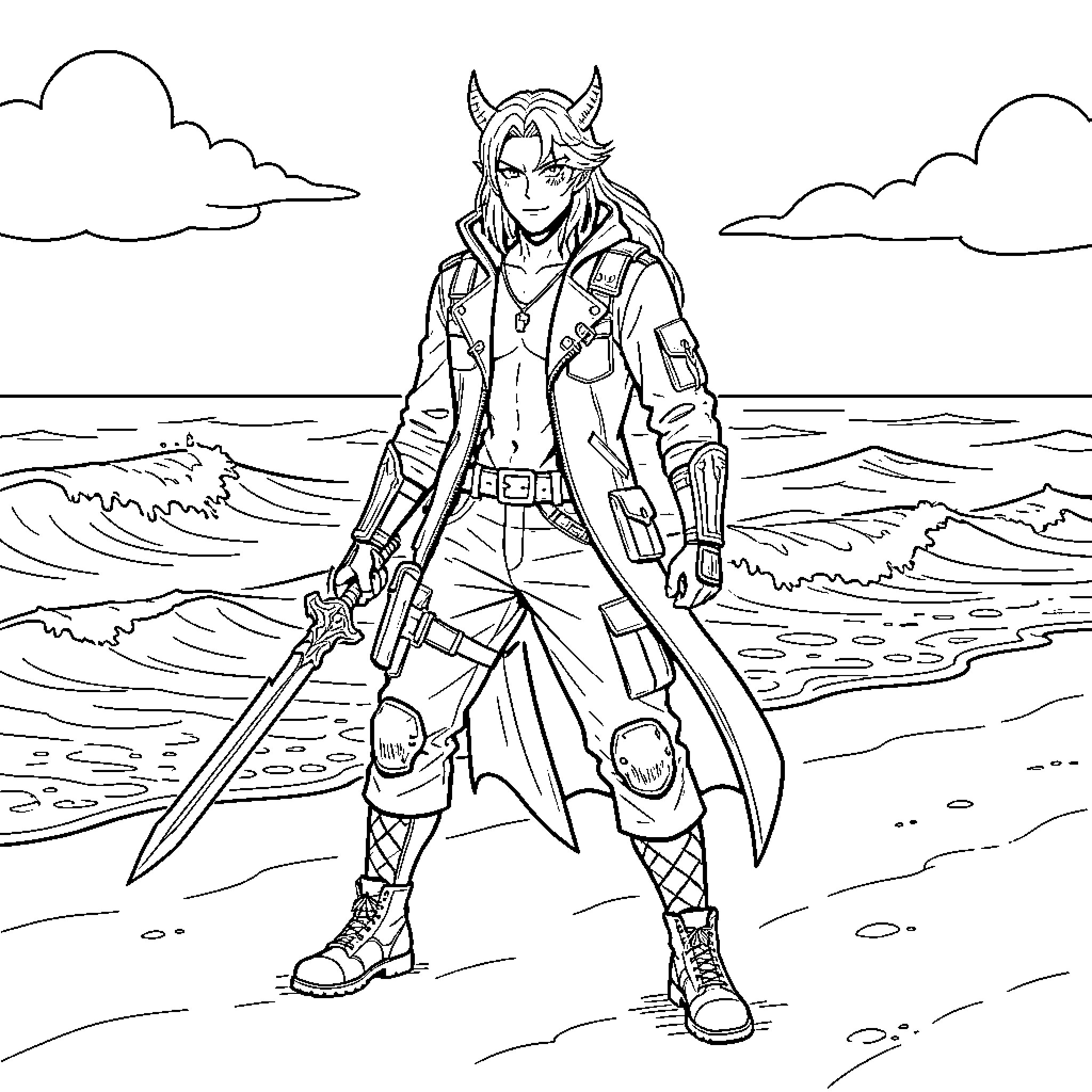 Kpop Demon Hunter standing heroically with a sword Coloring Page (free black-and-white line drawing printable PDF for all, from beginners to advanced learners, including children, teens, adults, and seniors)