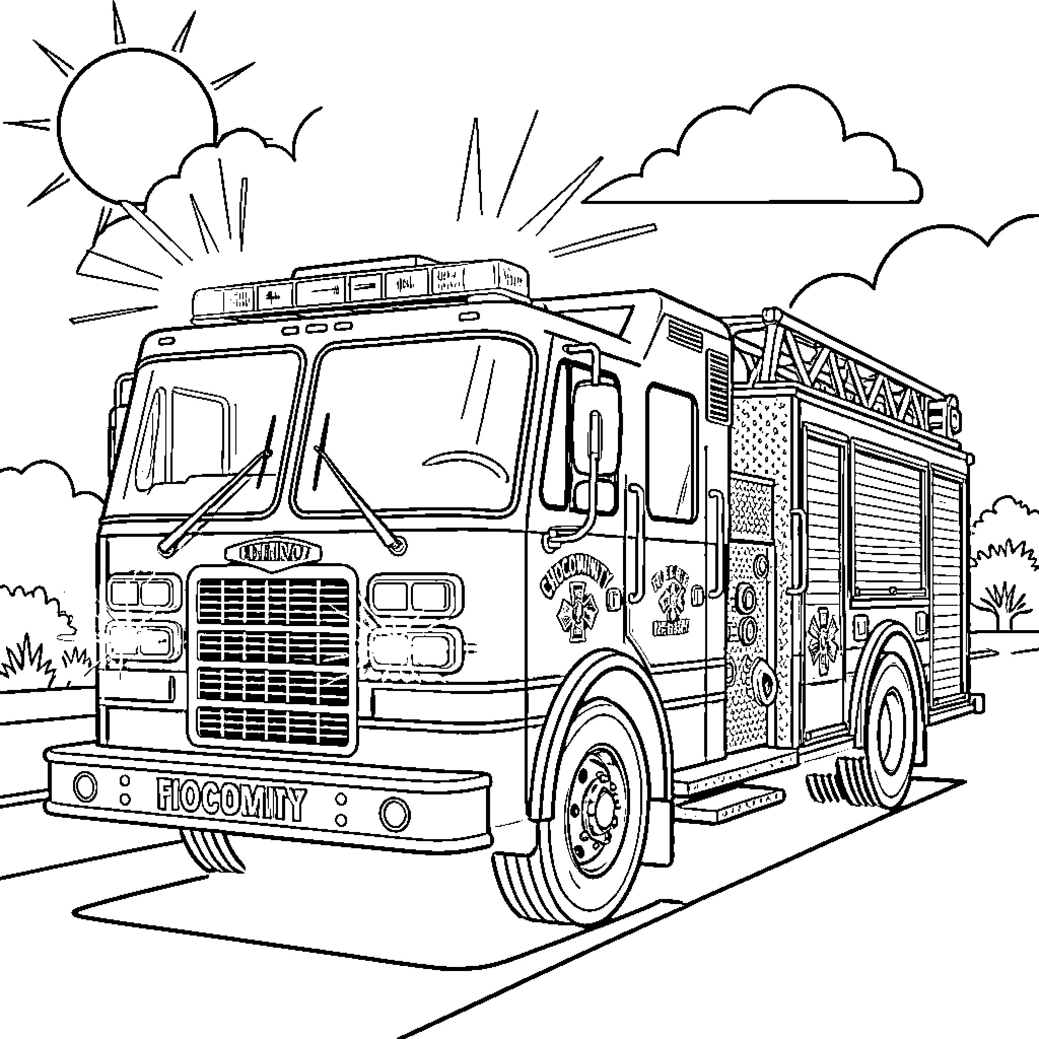 Fire Truck responding to emergency call Coloring Page (free black-and-white line drawing printable PDF for all, from beginners to advanced learners, including children, teens, adults, and seniors)