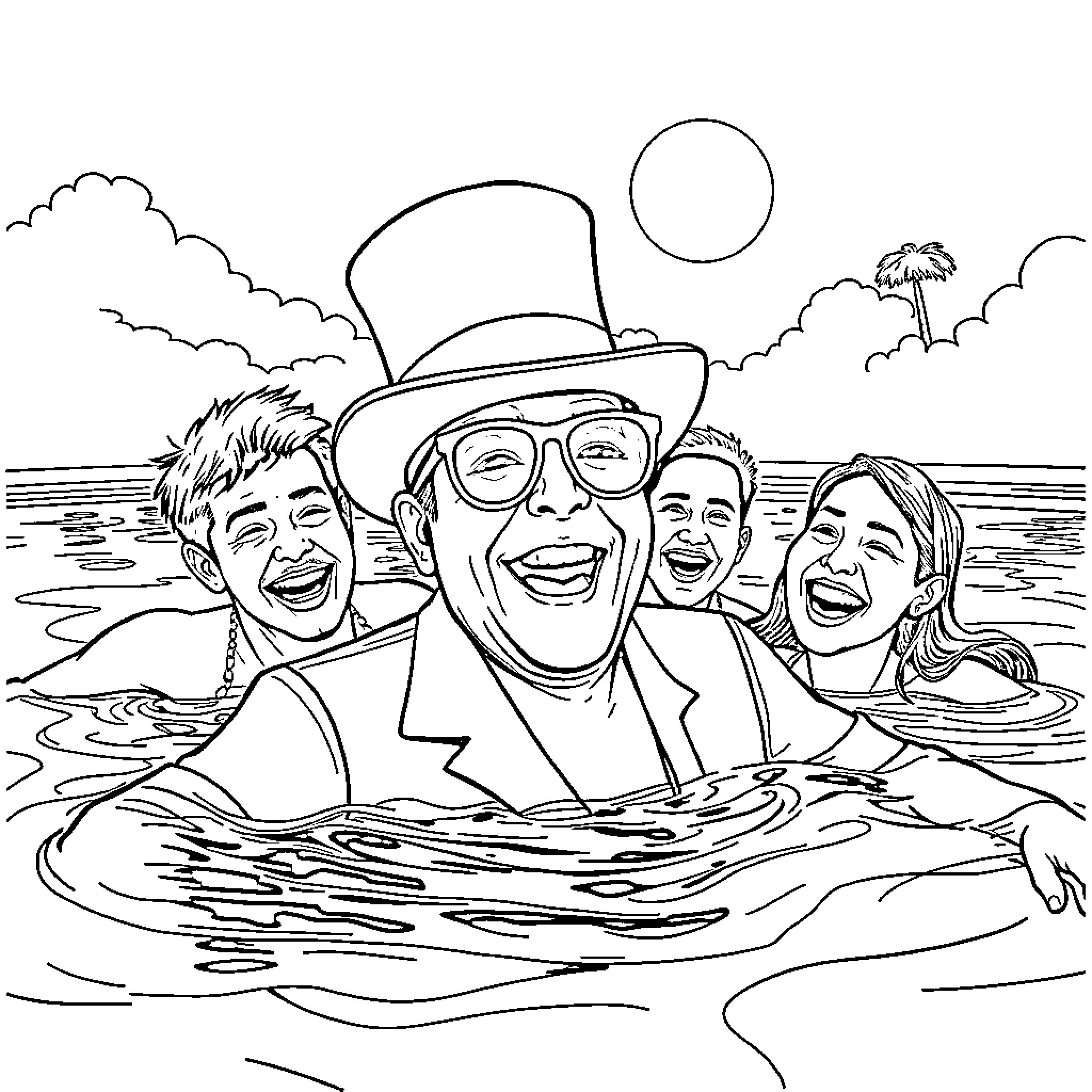 Elton John having fun with friends in the water Coloring Page (free black-and-white line drawing printable PDF for all, from beginners to advanced learners, including children, teens, adults, and seniors)