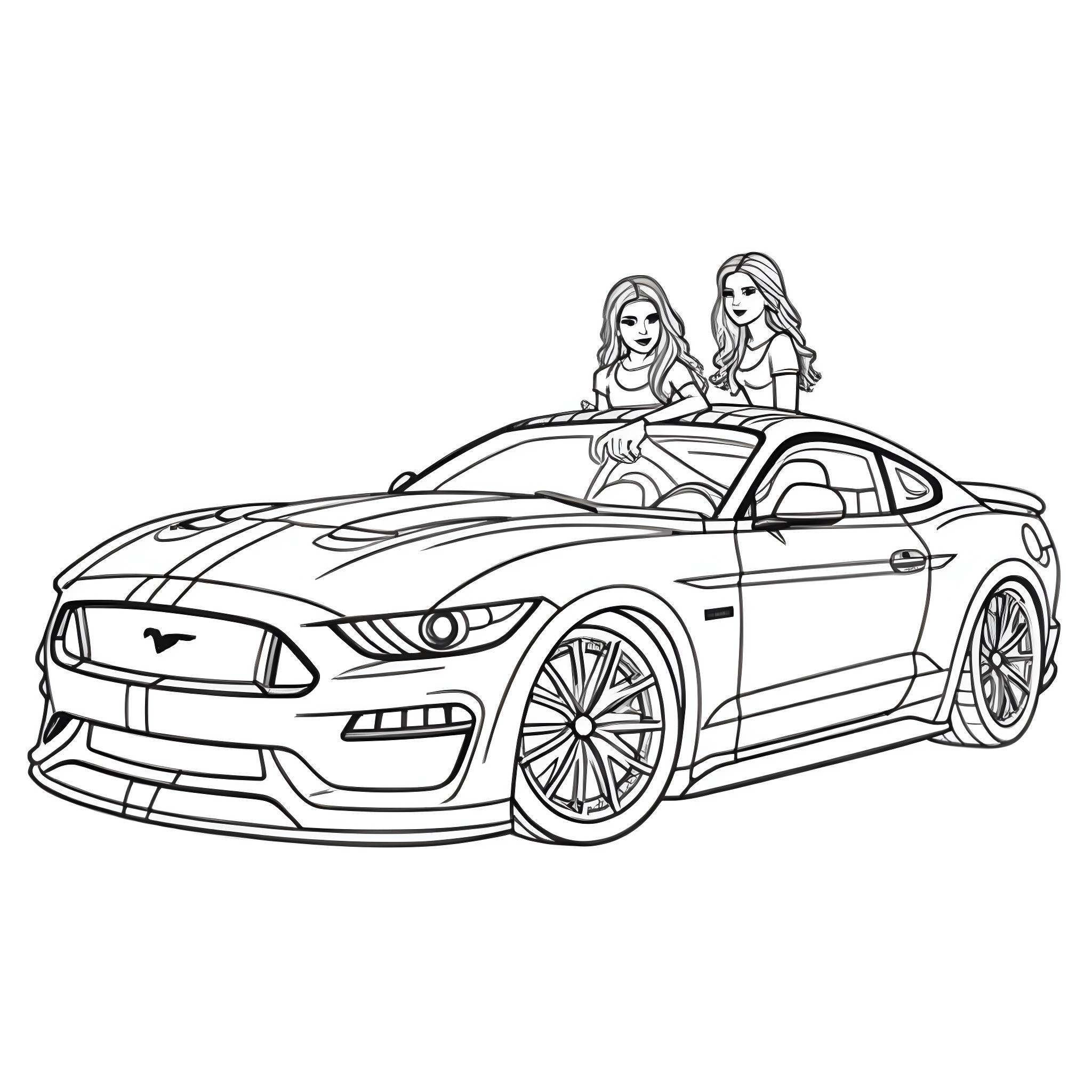 Mustang girls enjoying a fast ride Coloring Page (free black-and-white line drawing printable PDF for all, from beginners to advanced learners, including children, teens, adults, and seniors)