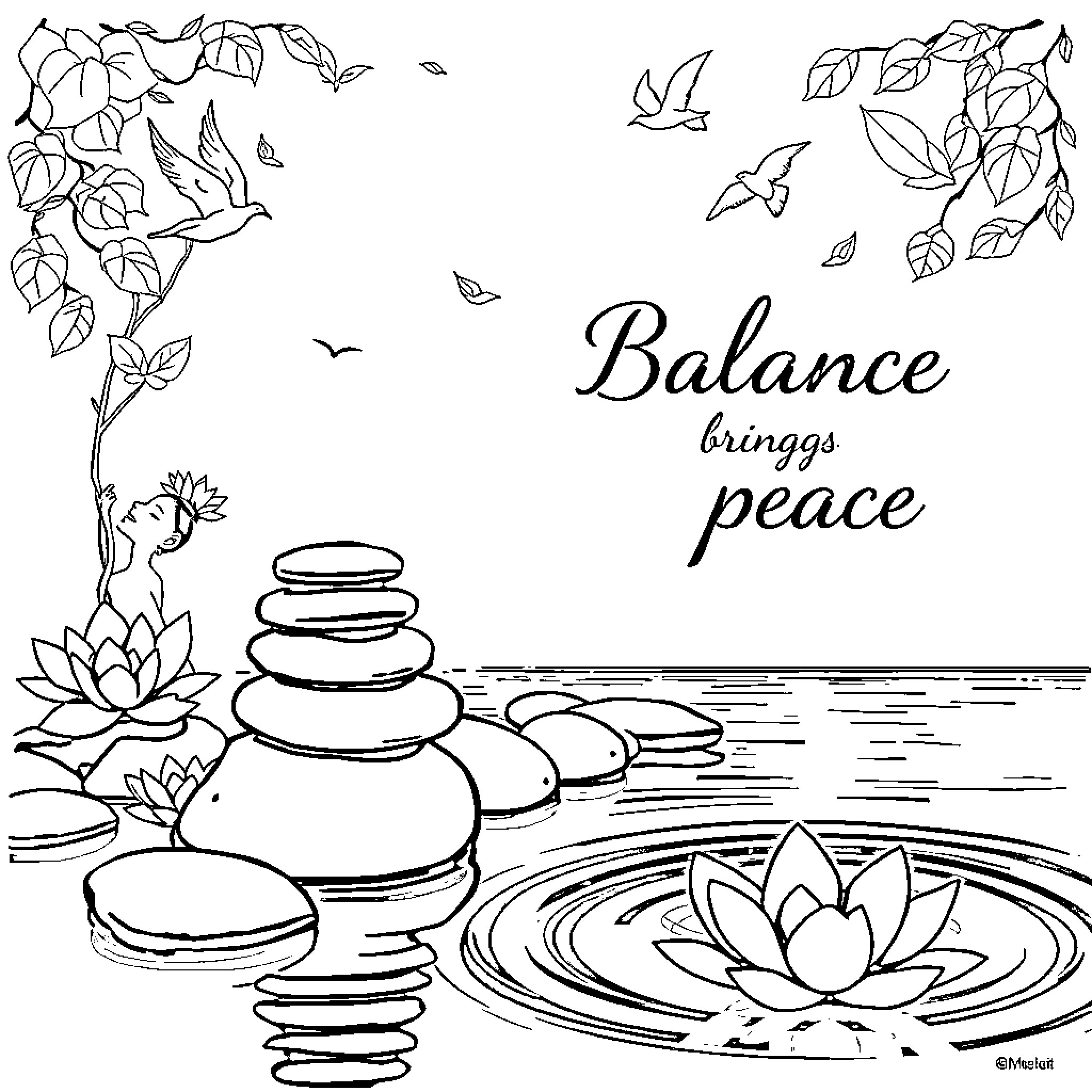 Woman finds balance and peace through nature's beauty Coloring Page (free black-and-white line drawing printable PDF for all, from beginners to advanced learners, including children, teens, adults, and seniors)