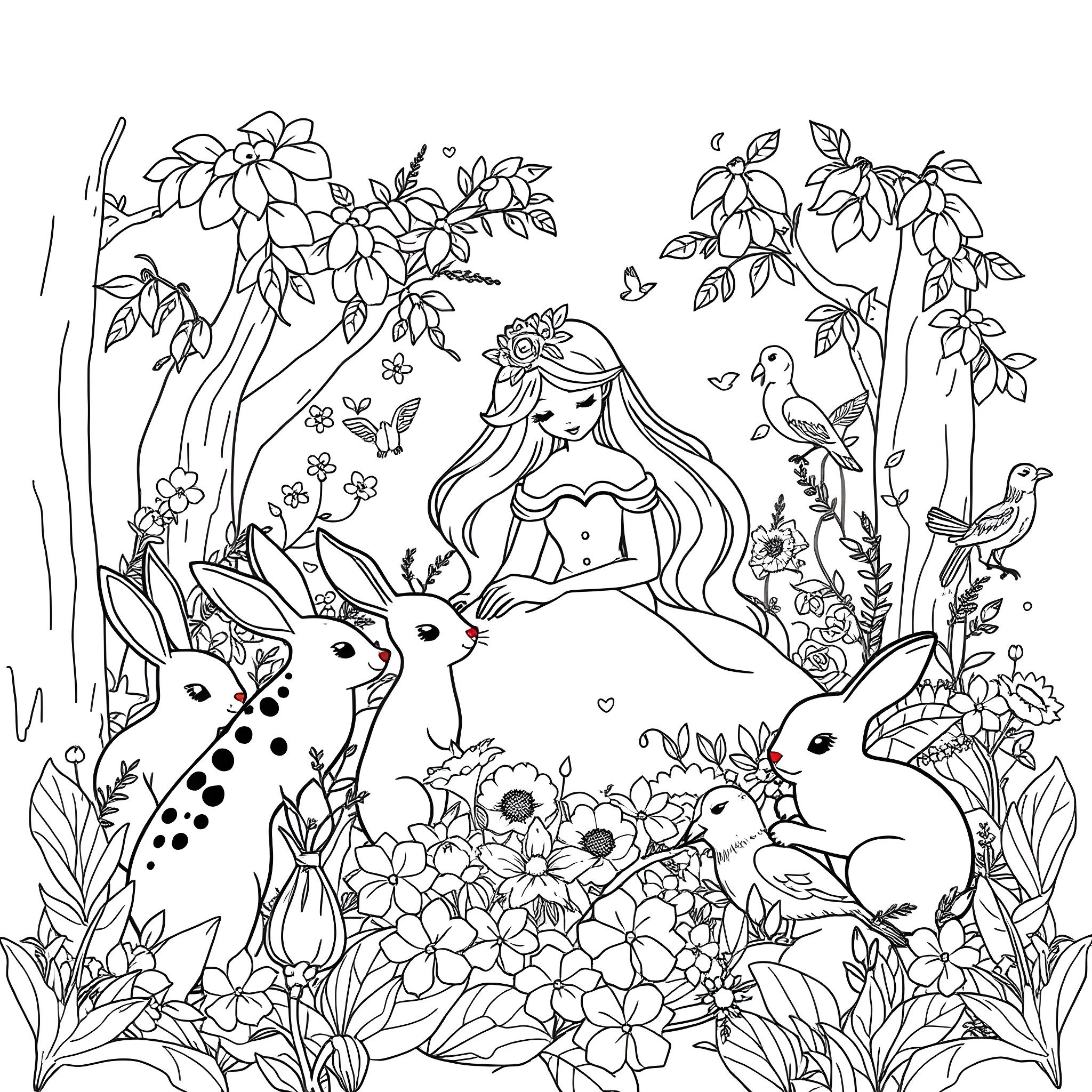 Animal fantasy scene with girl and forest creatures Coloring Page (free black-and-white line drawing printable PDF for all, from beginners to advanced learners, including children, teens, adults, and seniors)