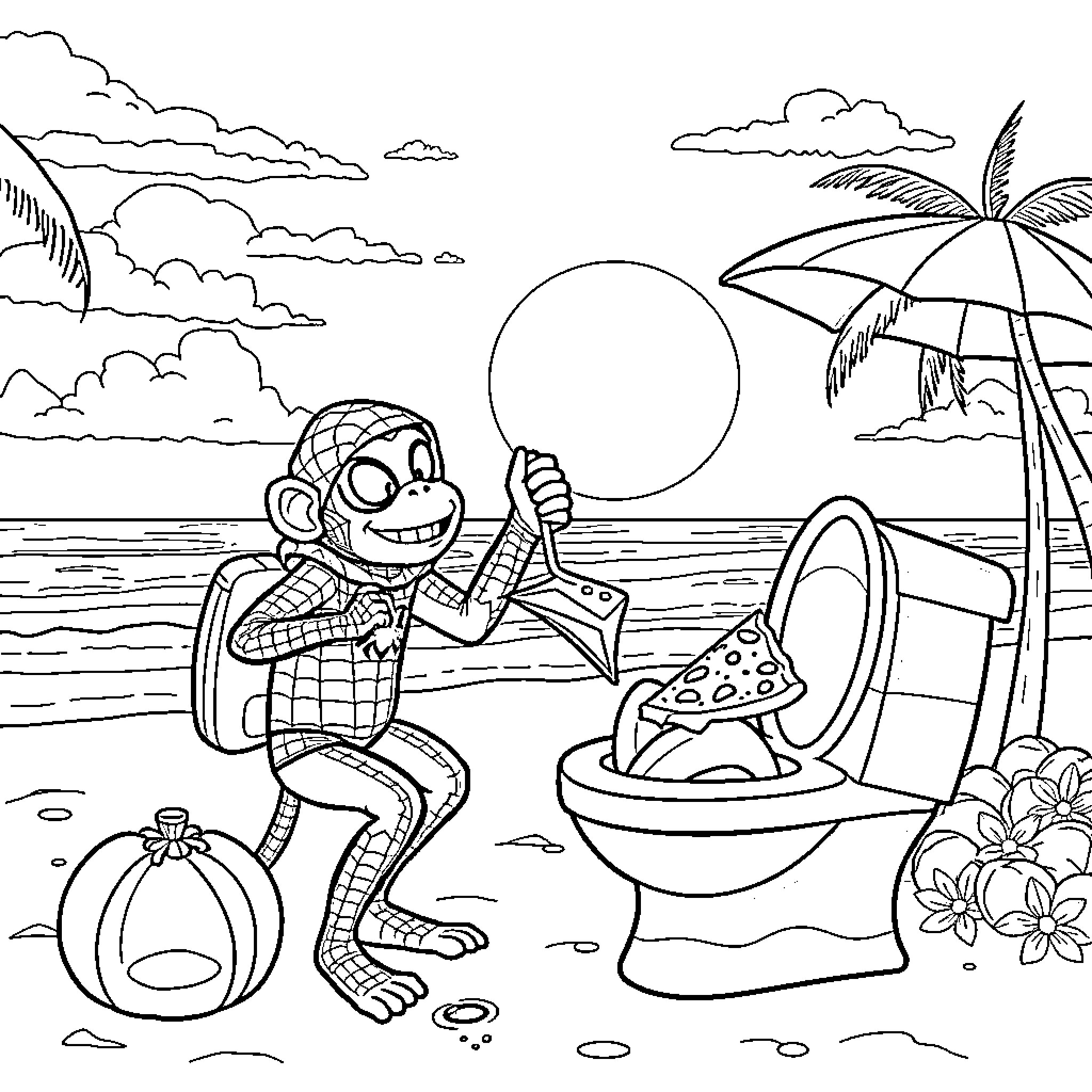 Monkey enjoying a summer day at the beach Coloring Page (free black-and-white line drawing printable PDF for all, from beginners to advanced learners, including children, teens, adults, and seniors)