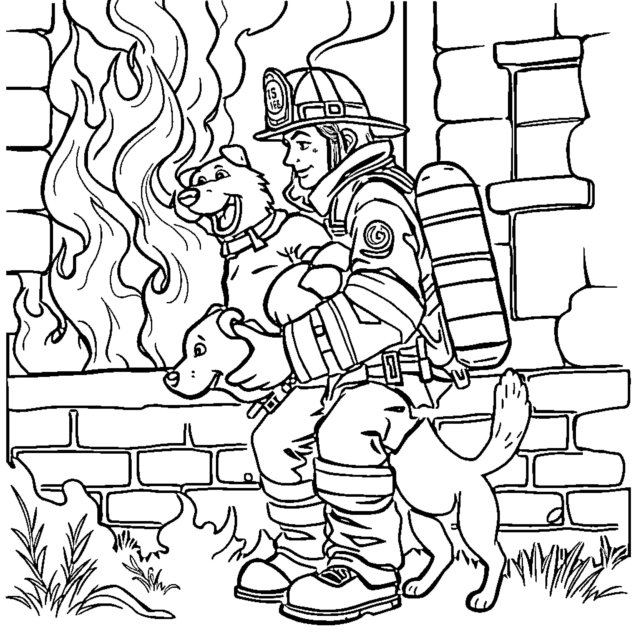 Firefighter rescuing animal from burning building Coloring Page (free black-and-white line drawing printable PDF for all, from beginners to advanced learners, including children, teens, adults, and seniors)