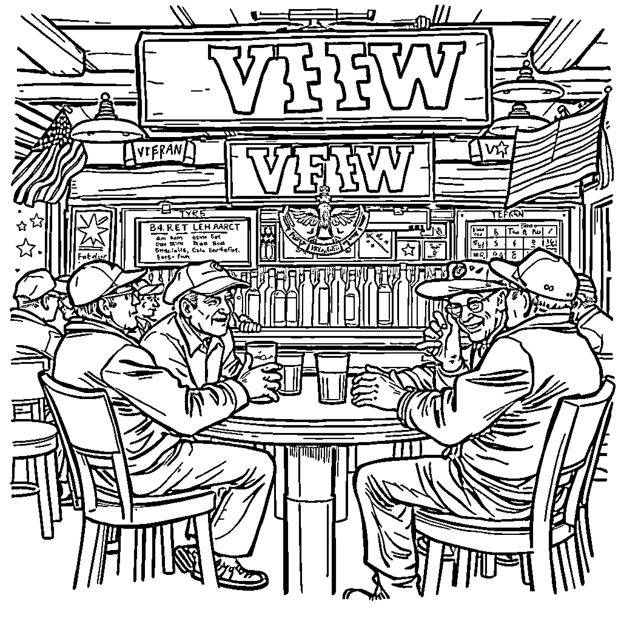 Veteran's Gathering at the View VFW Club Coloring Page (free black-and-white line drawing printable PDF for all, from beginners to advanced learners, including children, teens, adults, and seniors)