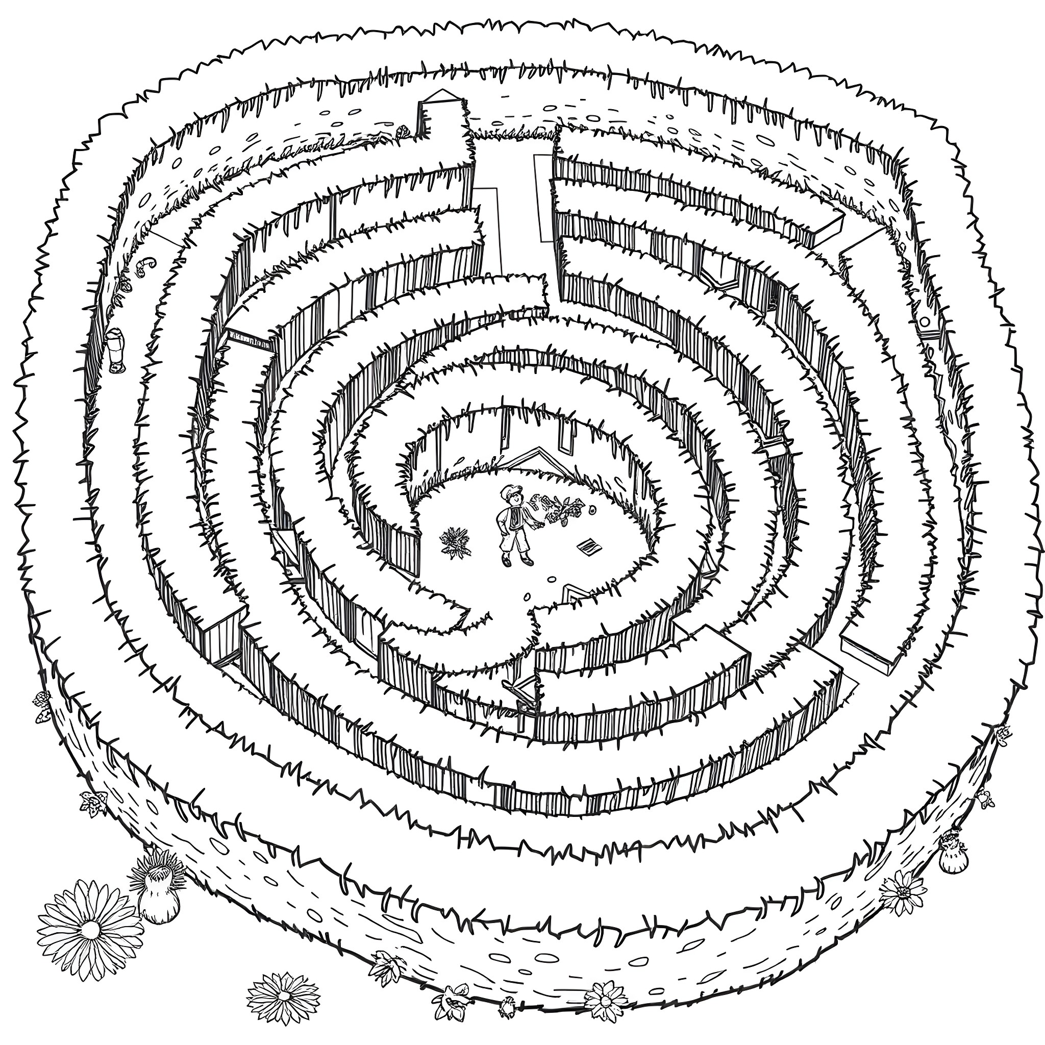 Maze with a mysterious figure at the center Coloring Page (free black-and-white line drawing printable PDF for all, from beginners to advanced learners, including children, teens, adults, and seniors)