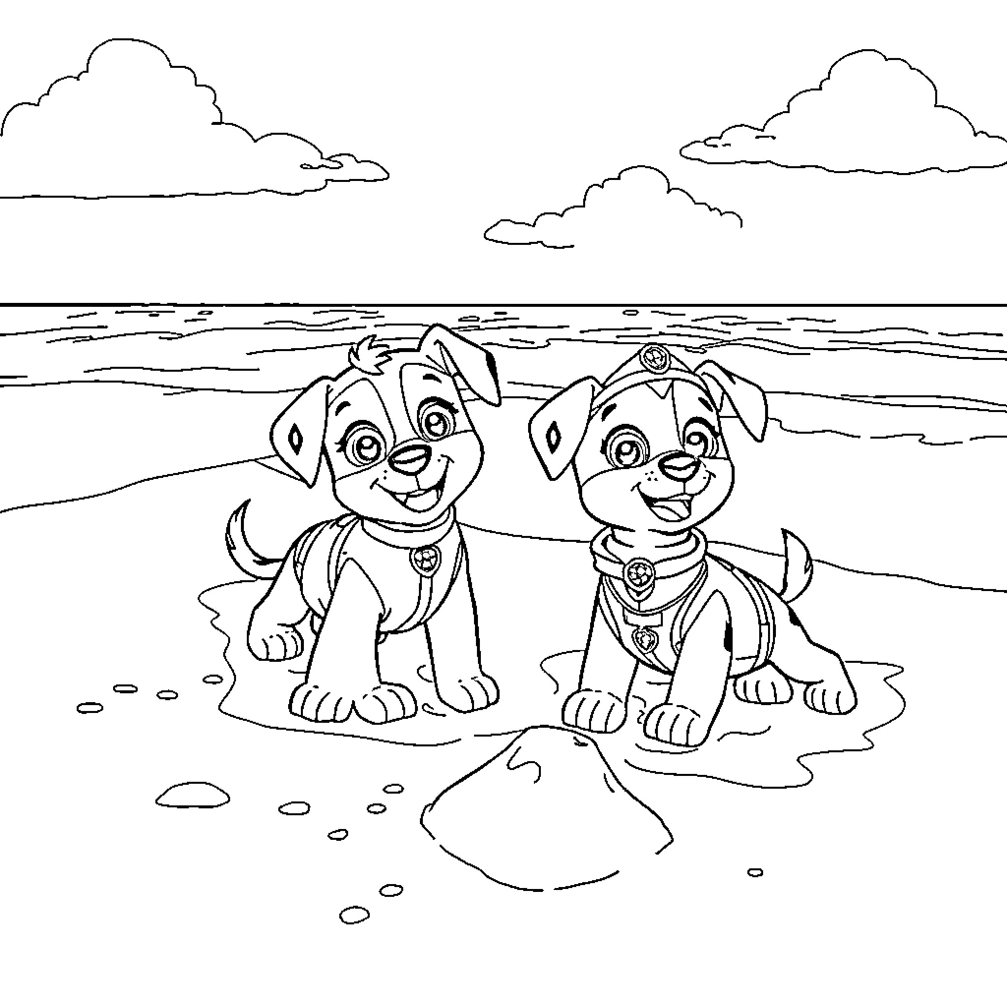 Paw Patrol puppies playing on the beach Coloring Page (free black-and-white line drawing printable PDF for all, from beginners to advanced learners, including children, teens, adults, and seniors)