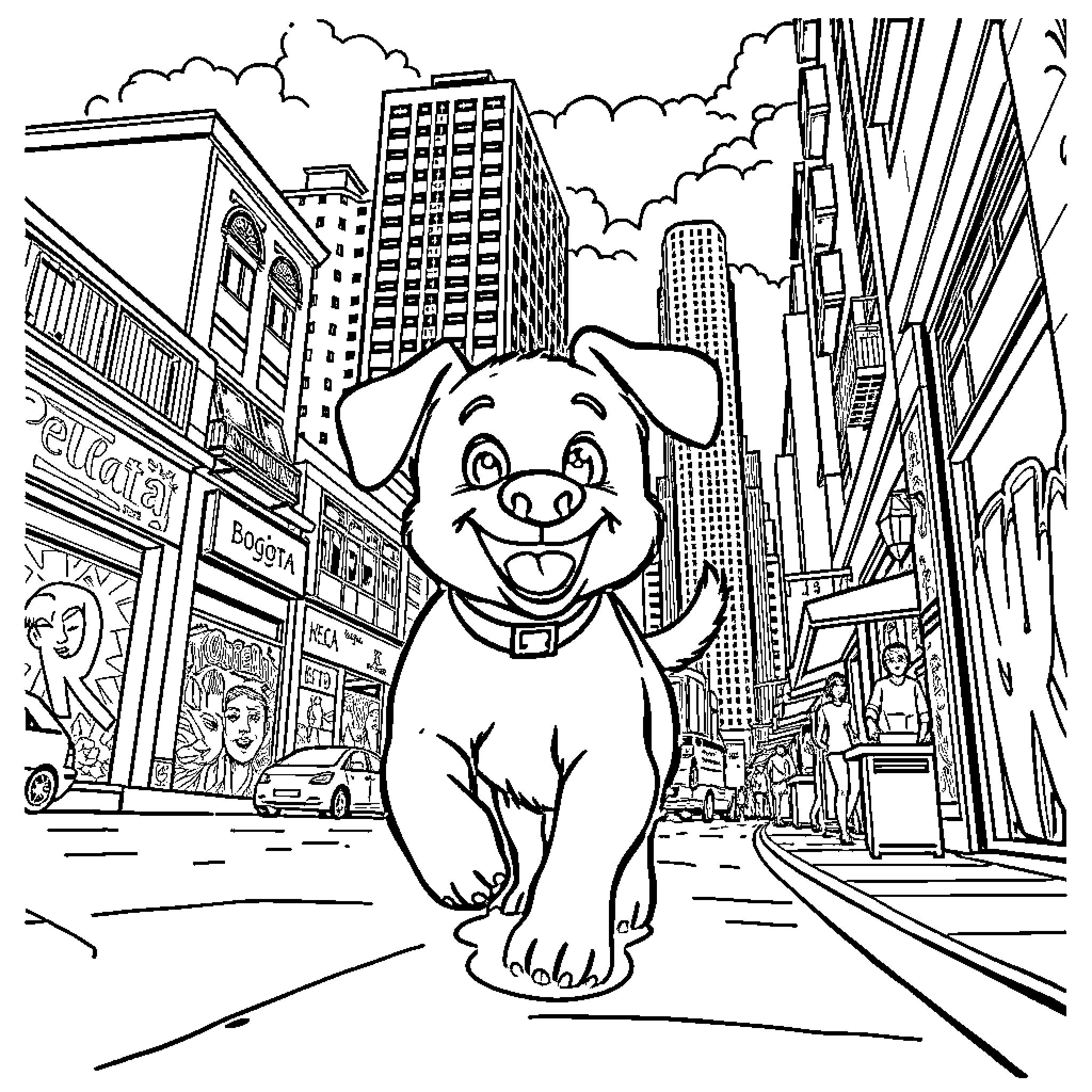 Bluey's Exciting City Adventure Coloring Page (free black-and-white line drawing printable PDF for all, from beginners to advanced learners, including children, teens, adults, and seniors)
