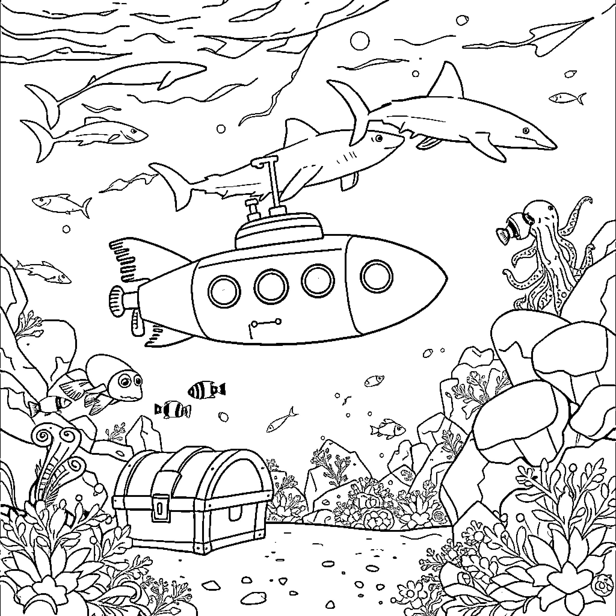 Submarine adventure with marine life Coloring Page (free black-and-white line drawing printable PDF for all, from beginners to advanced learners, including children, teens, adults, and seniors)
