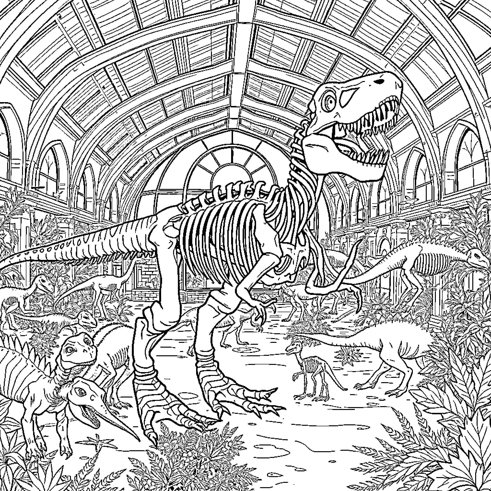 Dinosaur Skeleton Exhibit in Museum Coloring Page (free black-and-white line drawing printable PDF for all, from beginners to advanced learners, including children, teens, adults, and seniors)
