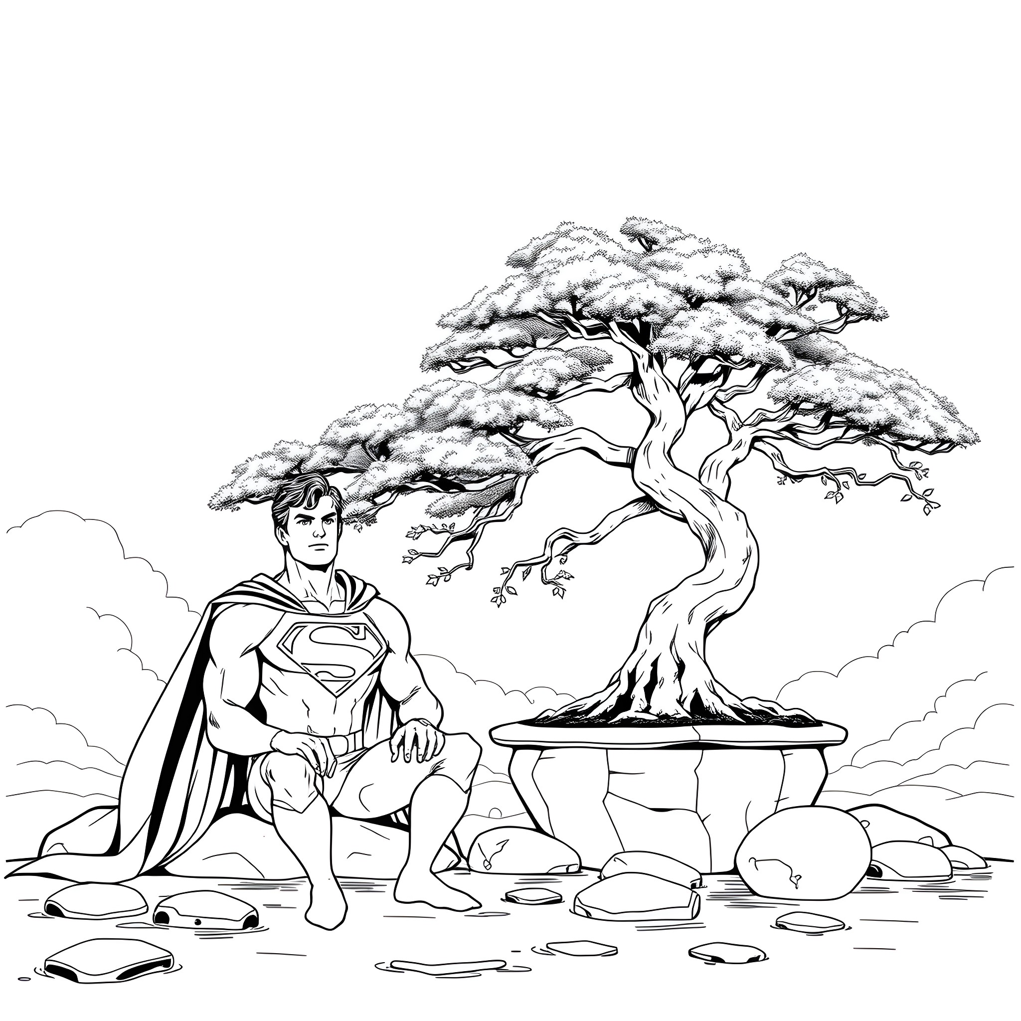 Superman relaxing under a snowy bonsai tree Coloring Page (free black-and-white line drawing printable PDF for all, from beginners to advanced learners, including children, teens, adults, and seniors)