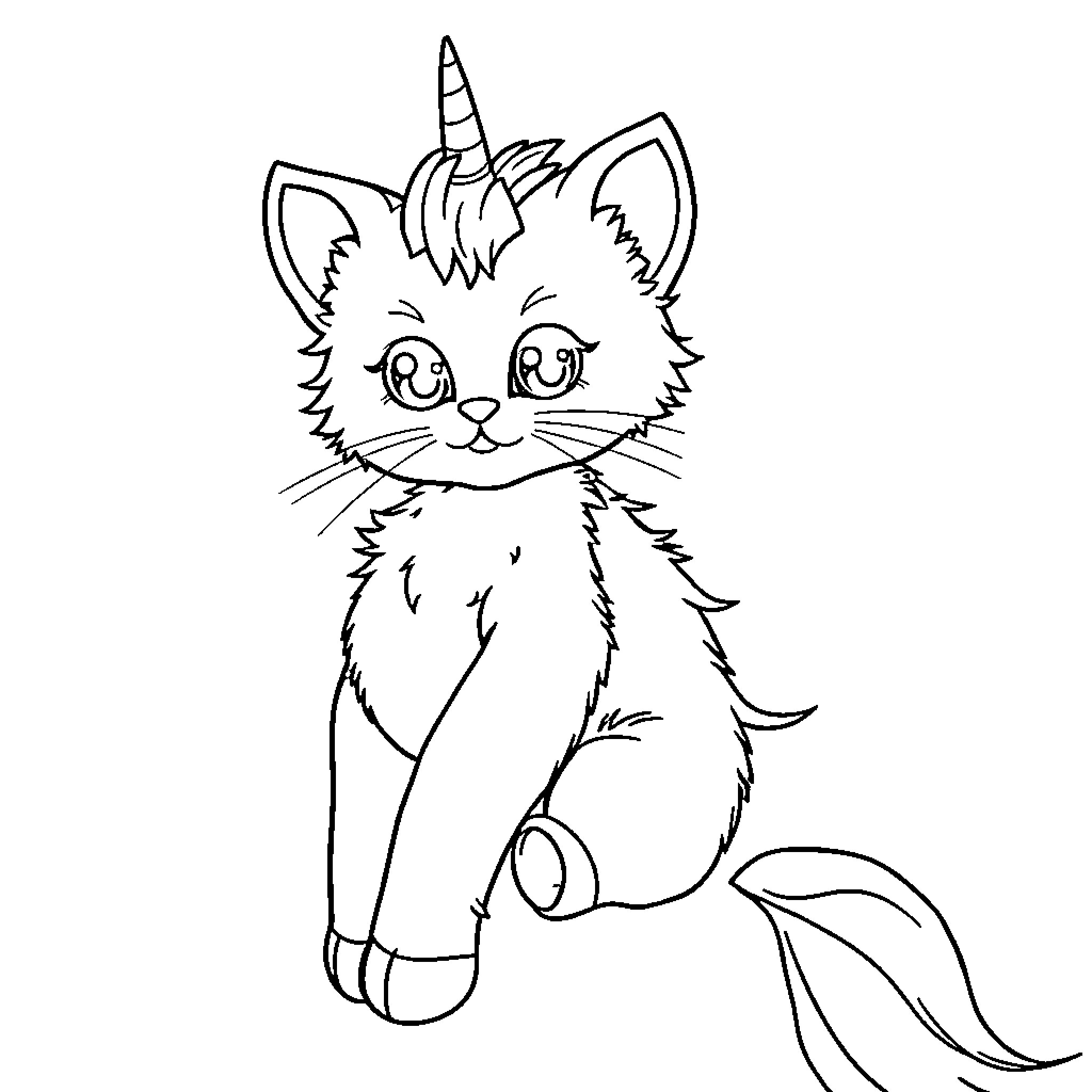 Kitten with Unicorn Horn Coloring Page (free black-and-white line drawing printable PDF for all, from beginners to advanced learners, including children, teens, adults, and seniors)
