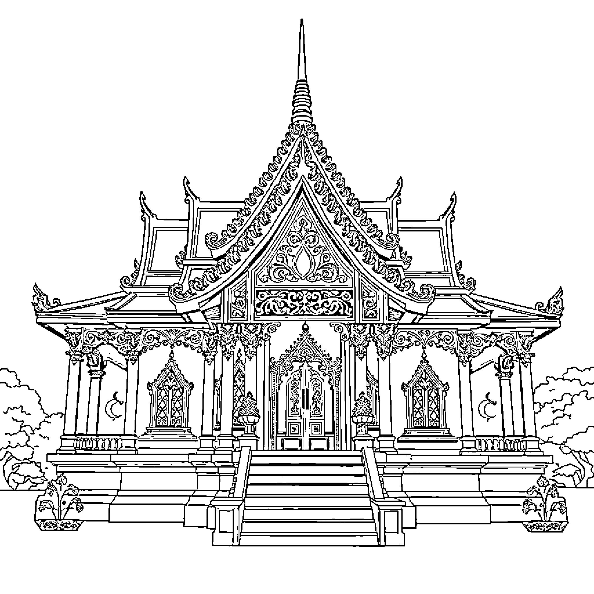 Thai Temple with Ornate Architecture and Detailed Designs Coloring Page (free black-and-white line drawing printable PDF for all, from beginners to advanced learners, including children, teens, adults, and seniors)