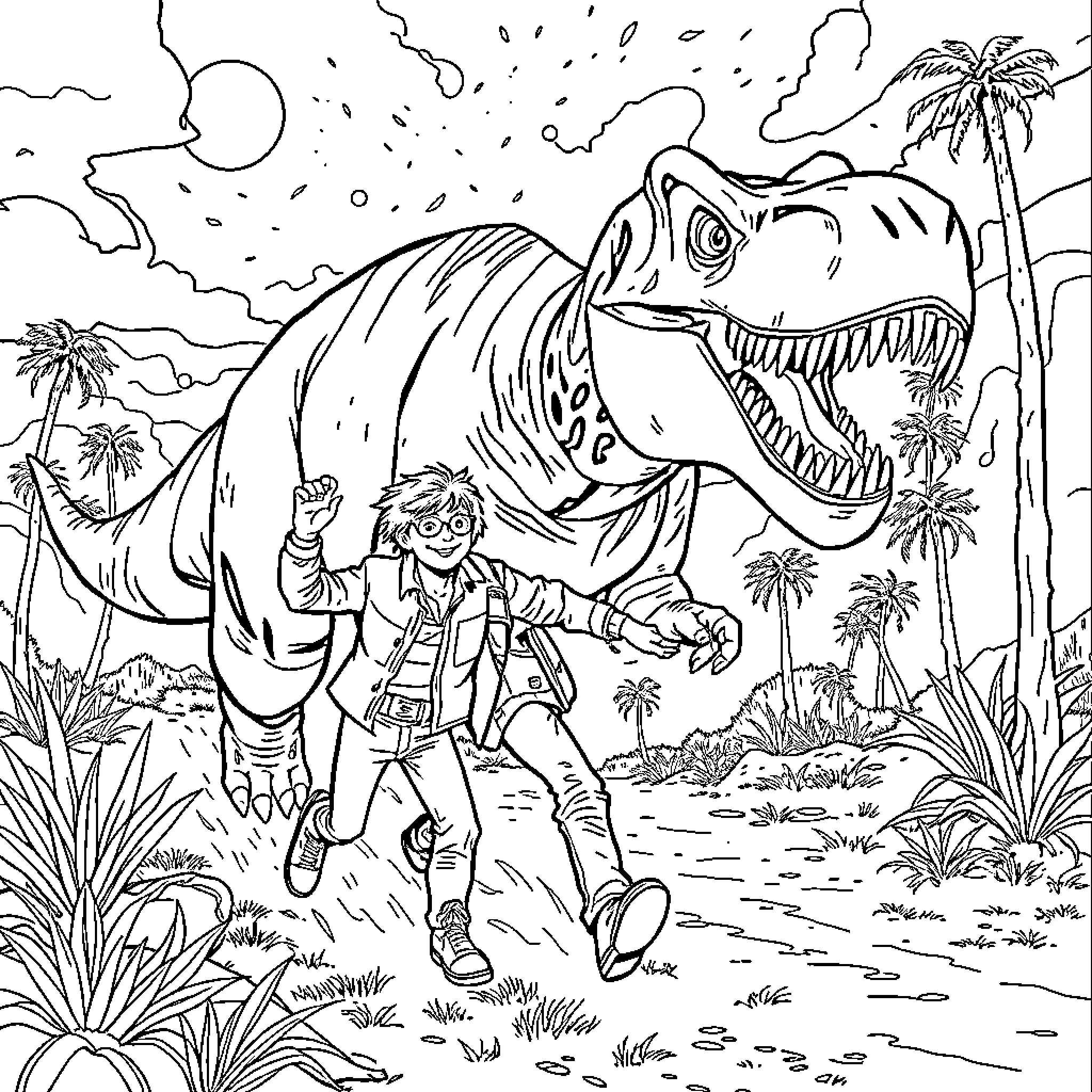 Marty McFly's Jurassic Adventure Coloring Page (free black-and-white line drawing printable PDF for all, from beginners to advanced learners, including children, teens, adults, and seniors)
