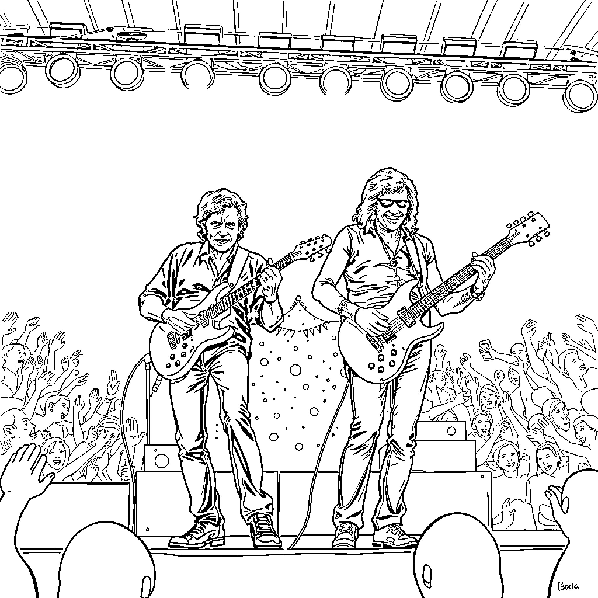 Guitar duo performing on stage with crowd Coloring Page (free black-and-white line drawing printable PDF for all, from beginners to advanced learners, including children, teens, adults, and seniors)