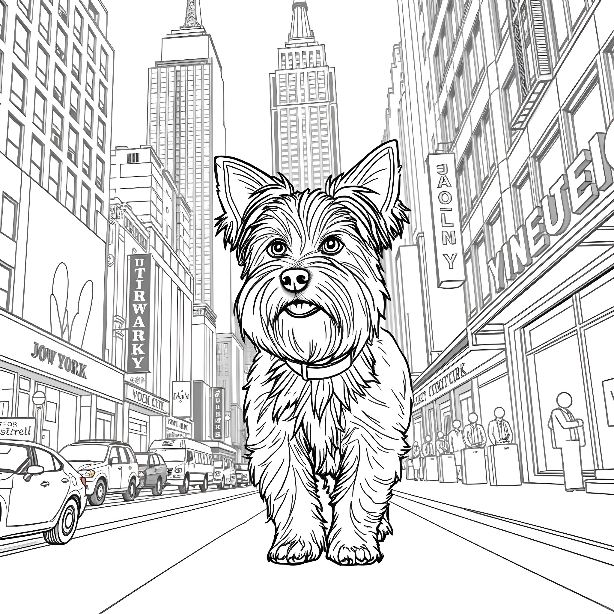 Yorkie walking through the bustling New York City streets Coloring Page (free black-and-white line drawing printable PDF for all, from beginners to advanced learners, including children, teens, adults, and seniors)