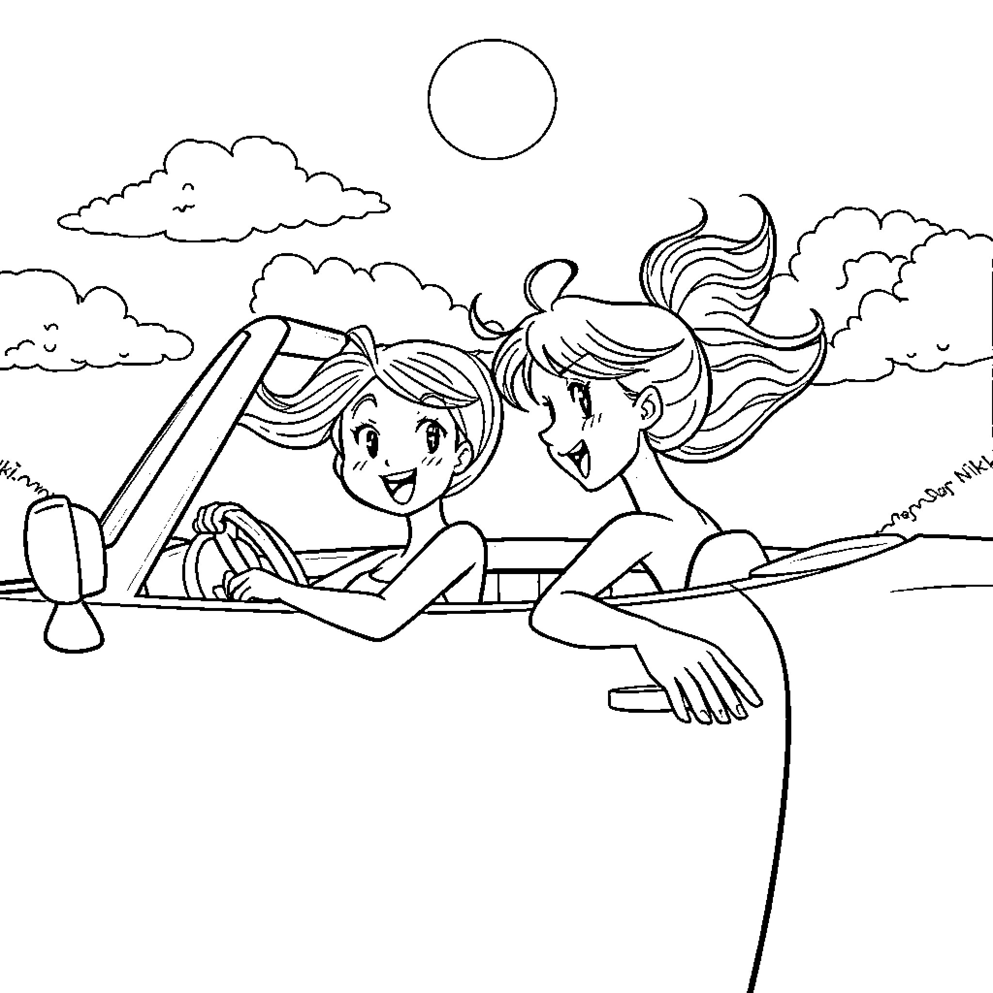 Convertible Car Ride with Cheerful Companions Coloring Page (free black-and-white line drawing printable PDF for all, from beginners to advanced learners, including children, teens, adults, and seniors)