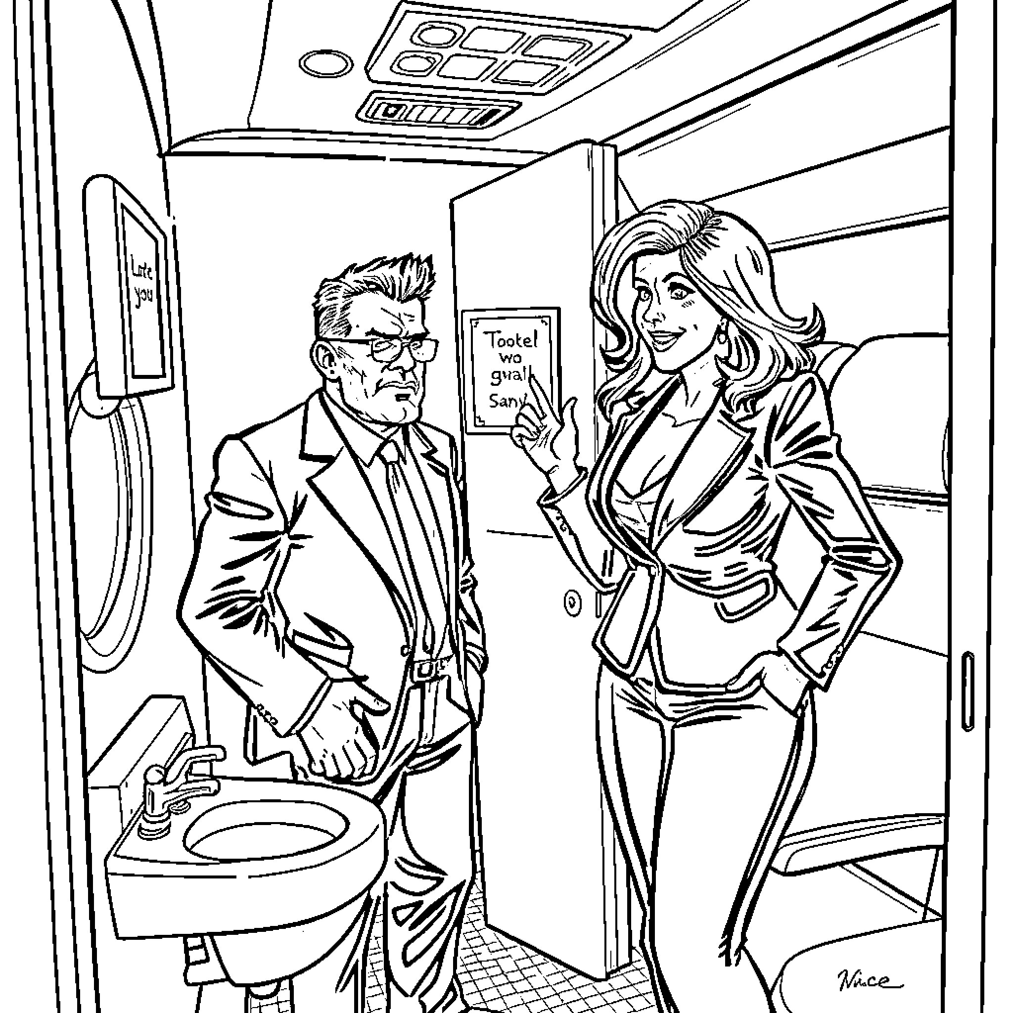 Vince McMahon confronts female employee in office bathroom Coloring Page (free black-and-white line drawing printable PDF for all, from beginners to advanced learners, including children, teens, adults, and seniors)