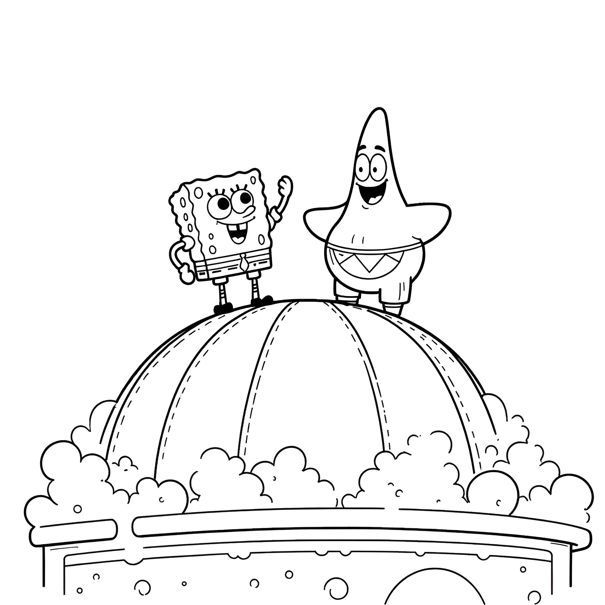 Spongebob and Patrick having fun on a dome Coloring Page (free black-and-white line drawing printable PDF for all, from beginners to advanced learners, including children, teens, adults, and seniors)