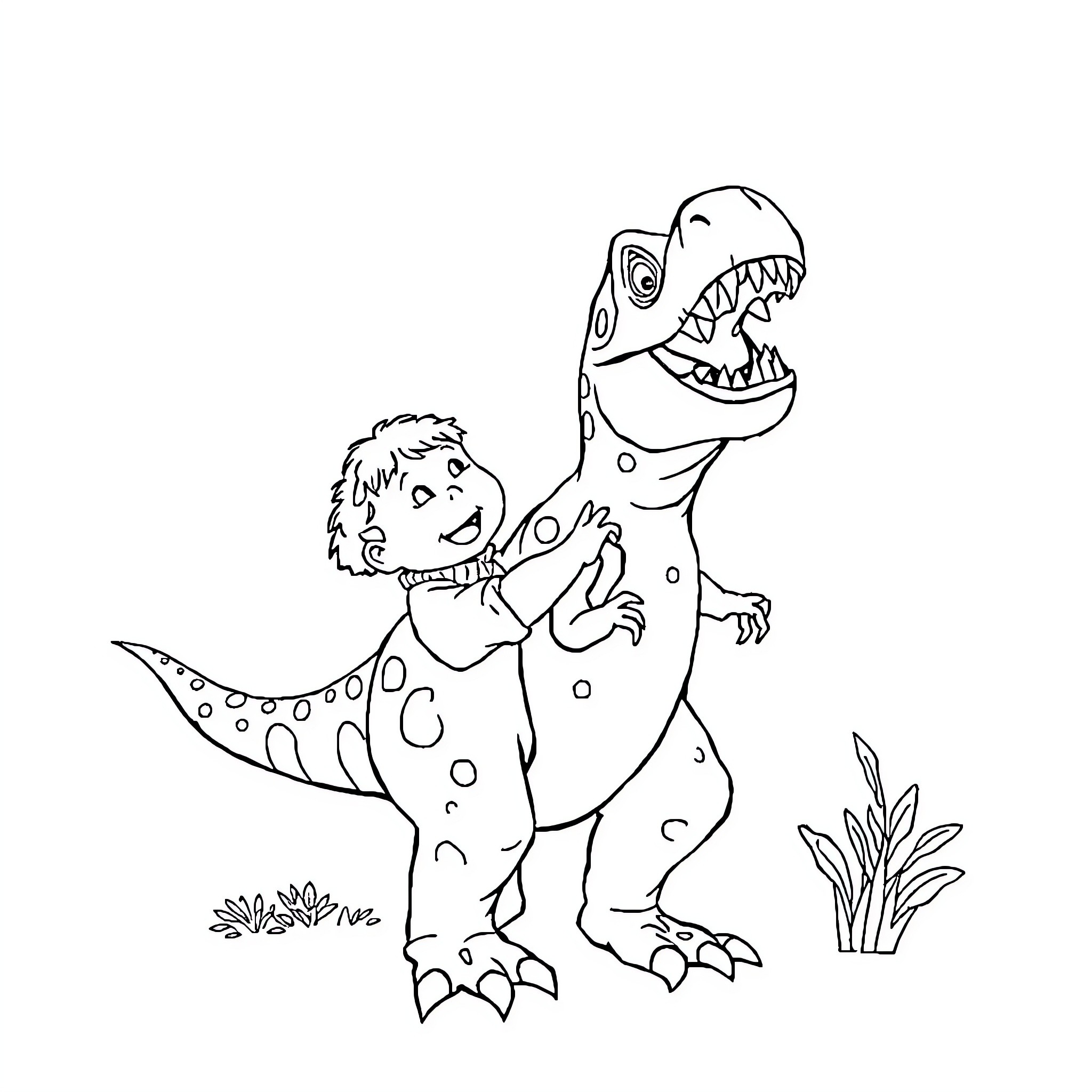 T-Rex Playing Happily with Boy Coloring Page (free black-and-white line drawing printable PDF for all, from beginners to advanced learners, including children, teens, adults, and seniors)