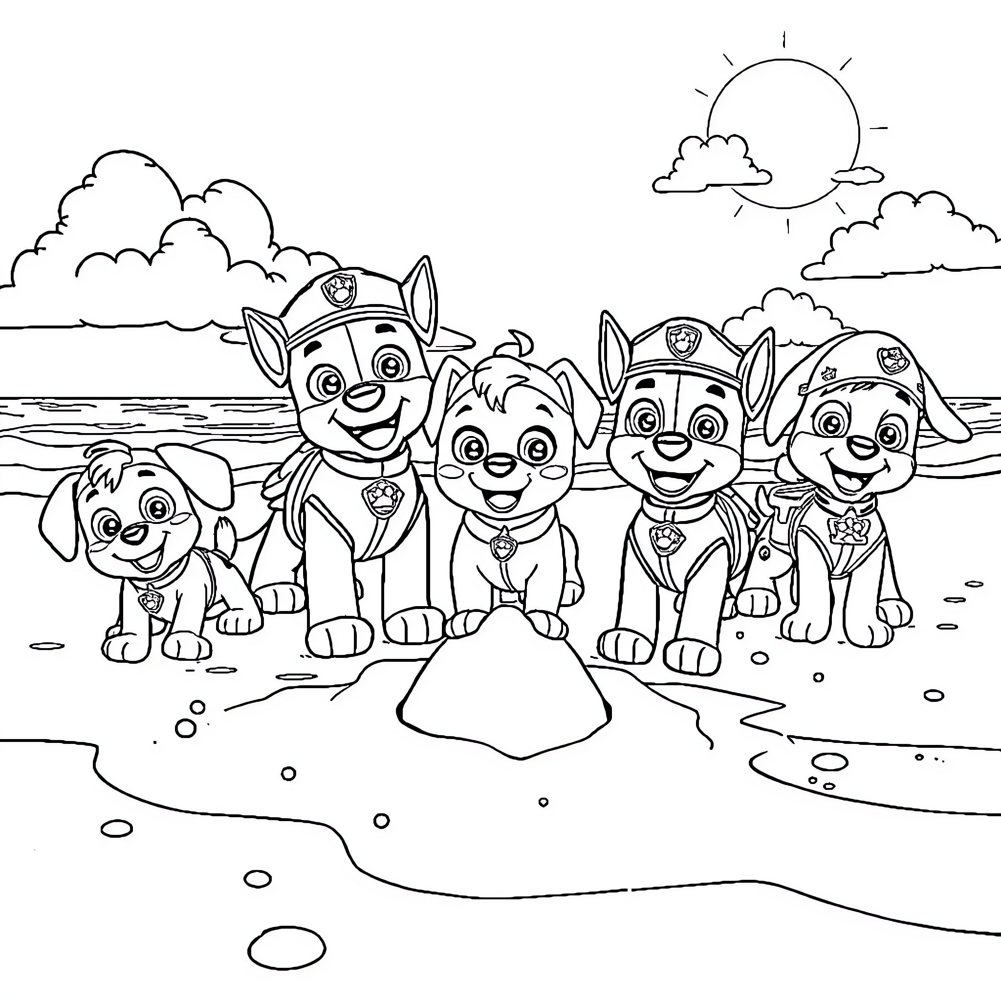Paw Patrol playing together on the beach Coloring Page (free black-and-white line drawing printable PDF for all, from beginners to advanced learners, including children, teens, adults, and seniors)