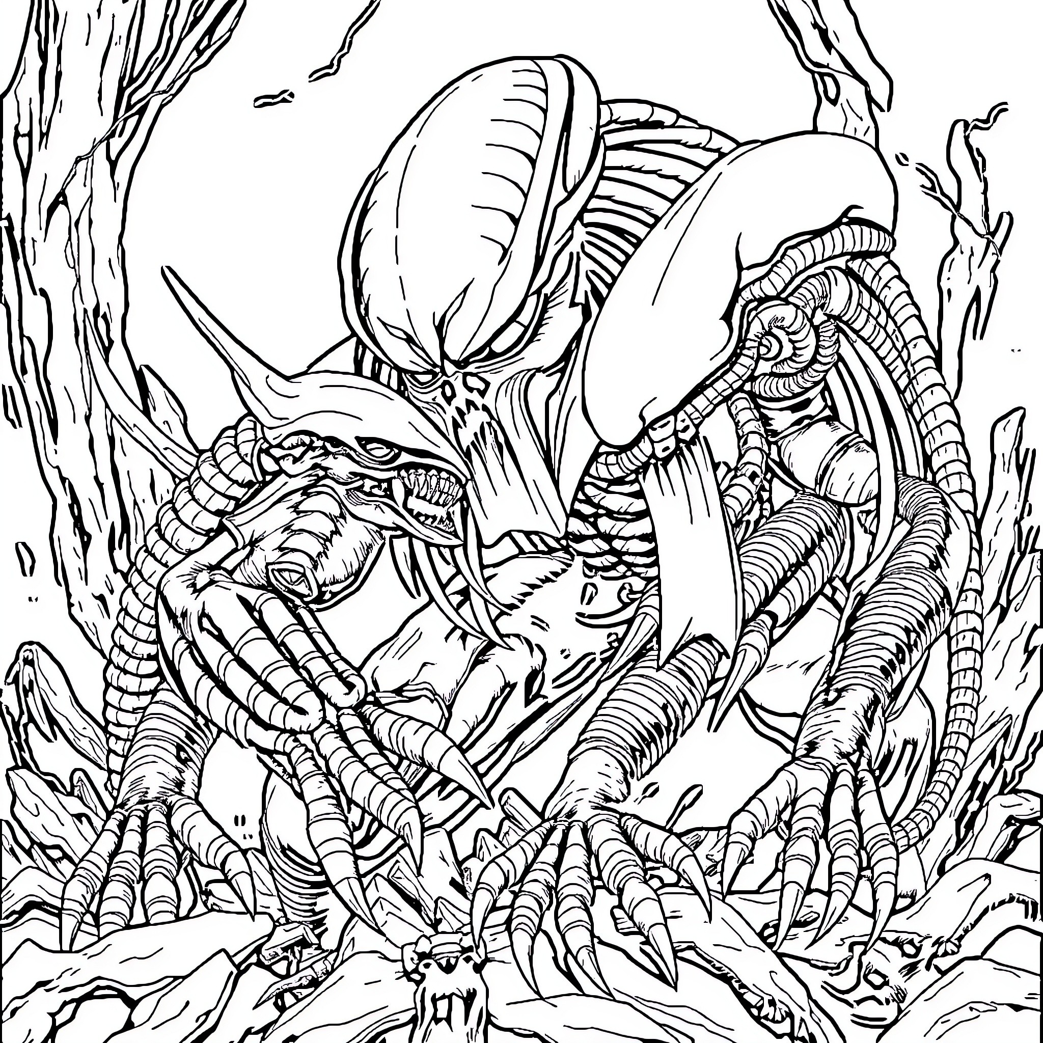 Predator alien creature emerging from the depths Coloring Page (free black-and-white line drawing printable PDF for all, from beginners to advanced learners, including children, teens, adults, and seniors)