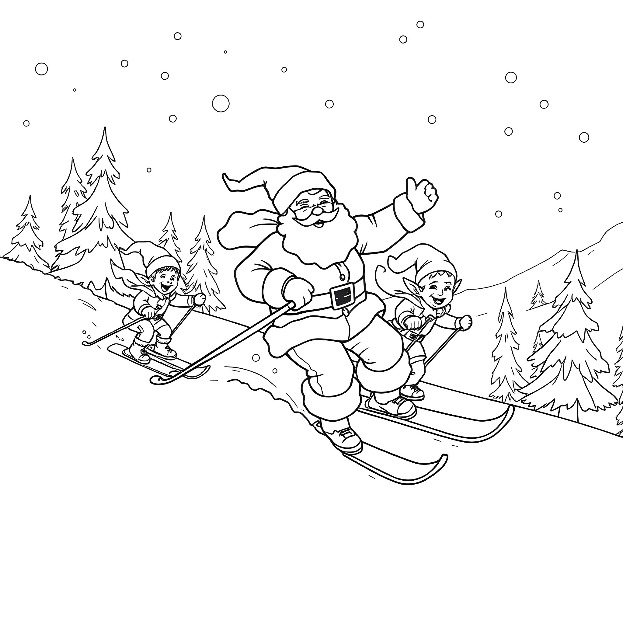 Santa Skiing with Elves in Snowy Wonderland Coloring Page (free black-and-white line drawing printable PDF for all, from beginners to advanced learners, including children, teens, adults, and seniors)