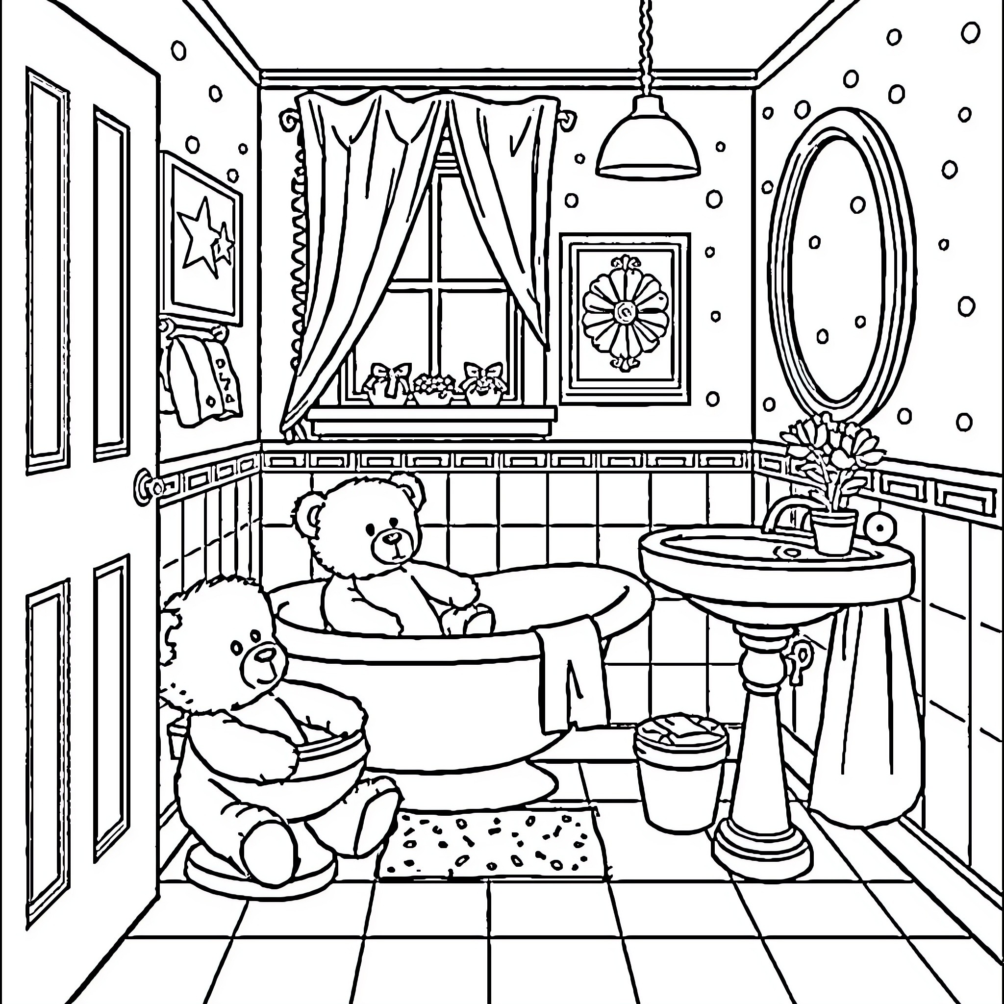 Teddy Bears Relaxing in a Cozy Bathroom Coloring Page (free black-and-white line drawing printable PDF for all, from beginners to advanced learners, including children, teens, adults, and seniors)