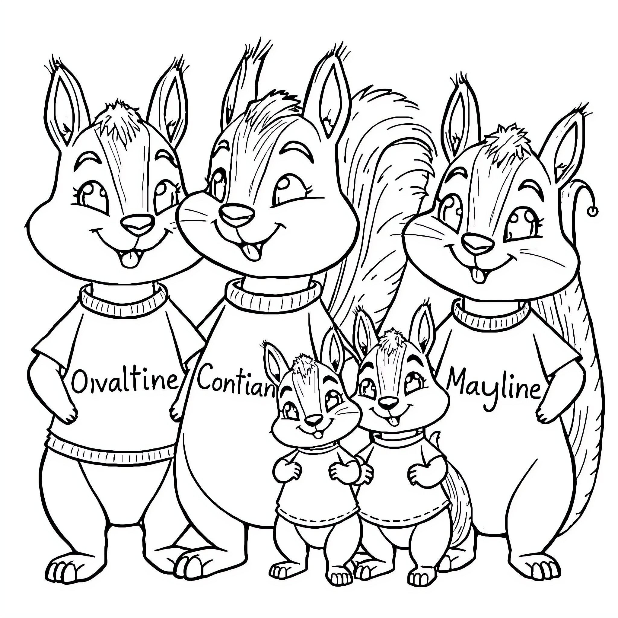 Squirrels dressed in comical outfits posing together Coloring Page (free black-and-white line drawing printable PDF for all, from beginners to advanced learners, including children, teens, adults, and seniors)