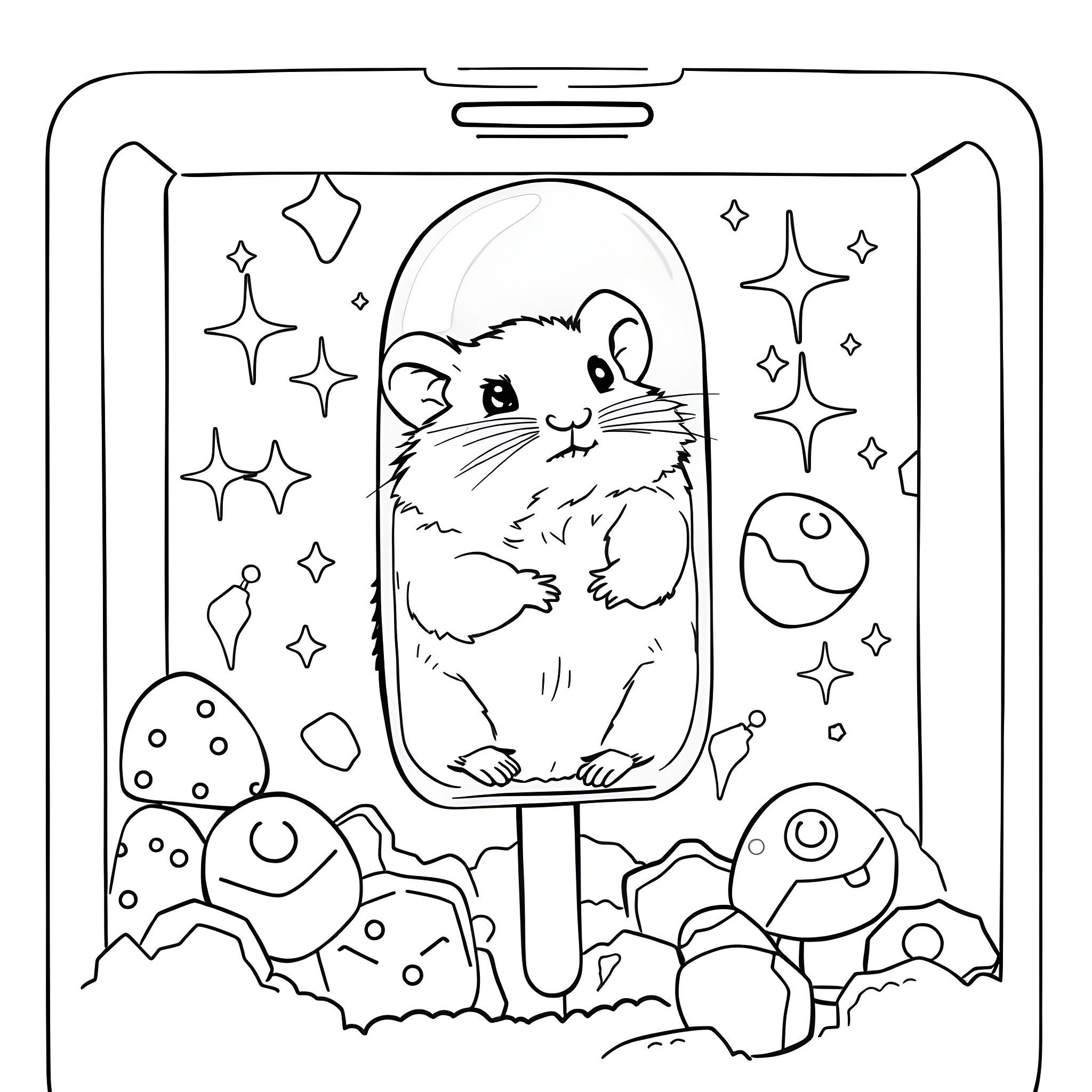 Hamster exploring a whimsical cosmic habitat Coloring Page (free black-and-white line drawing printable PDF for all, from beginners to advanced learners, including children, teens, adults, and seniors)