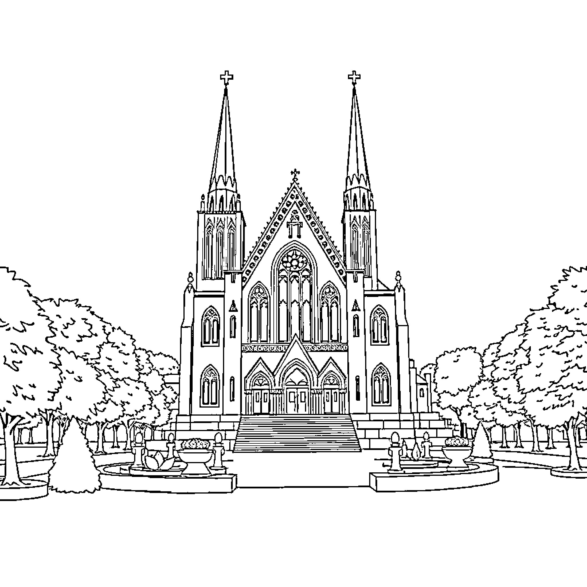 Sveti Sava Cathedral in ornate architectural style Coloring Page (free black-and-white line drawing printable PDF for all, from beginners to advanced learners, including children, teens, adults, and seniors)