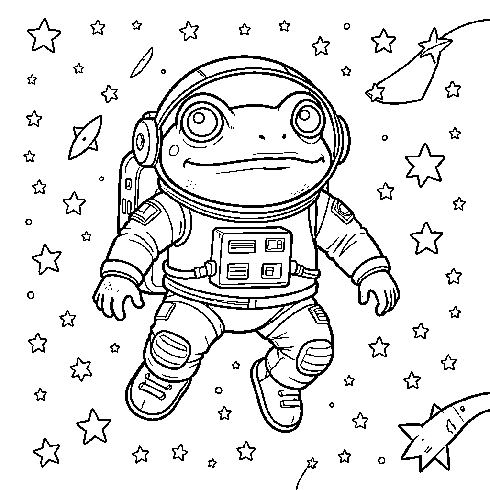Astronaut frog floating happily among stars in space Coloring Page (free black-and-white line drawing printable PDF for all, from beginners to advanced learners, including children, teens, adults, and seniors)
