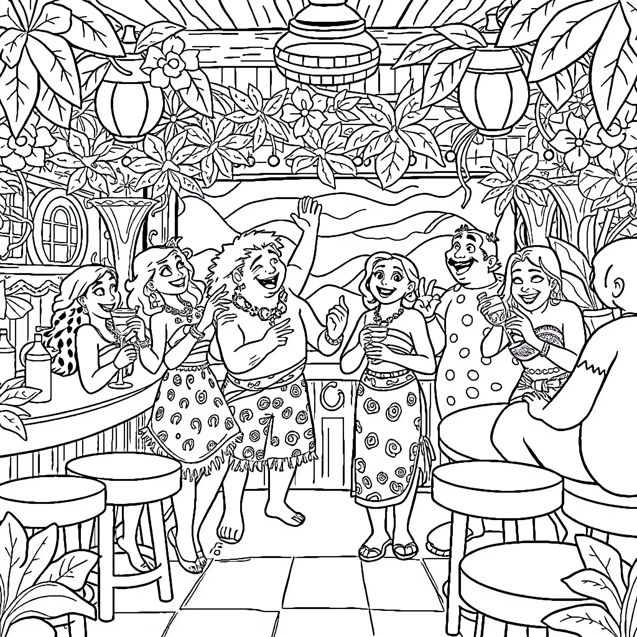 Moana and friends enjoying a tropical luau party Coloring Page (free black-and-white line drawing printable PDF for all, from beginners to advanced learners, including children, teens, adults, and seniors)