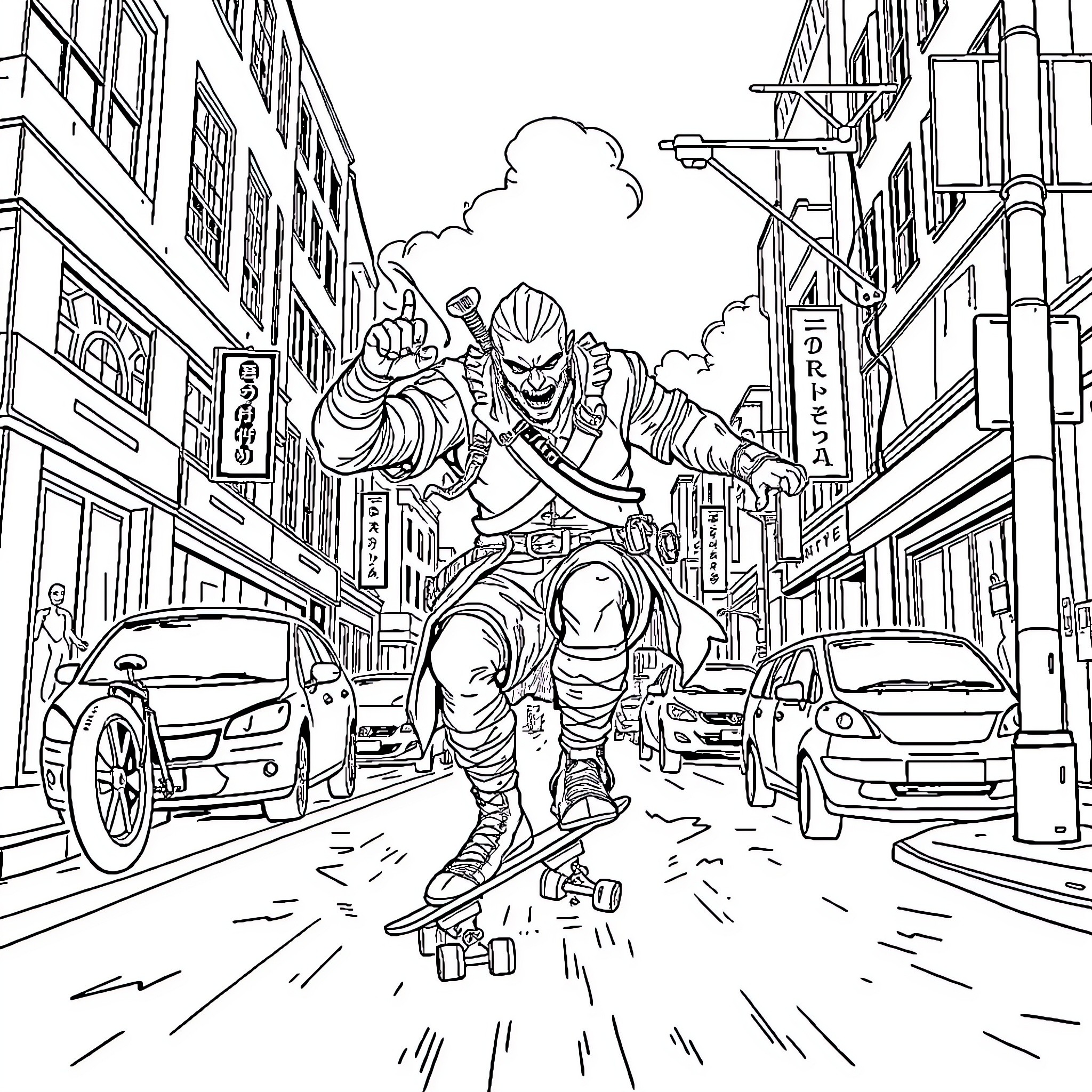 Witcher confronting adversaries in a bustling city Coloring Page (free black-and-white line drawing printable PDF for all, from beginners to advanced learners, including children, teens, adults, and seniors)