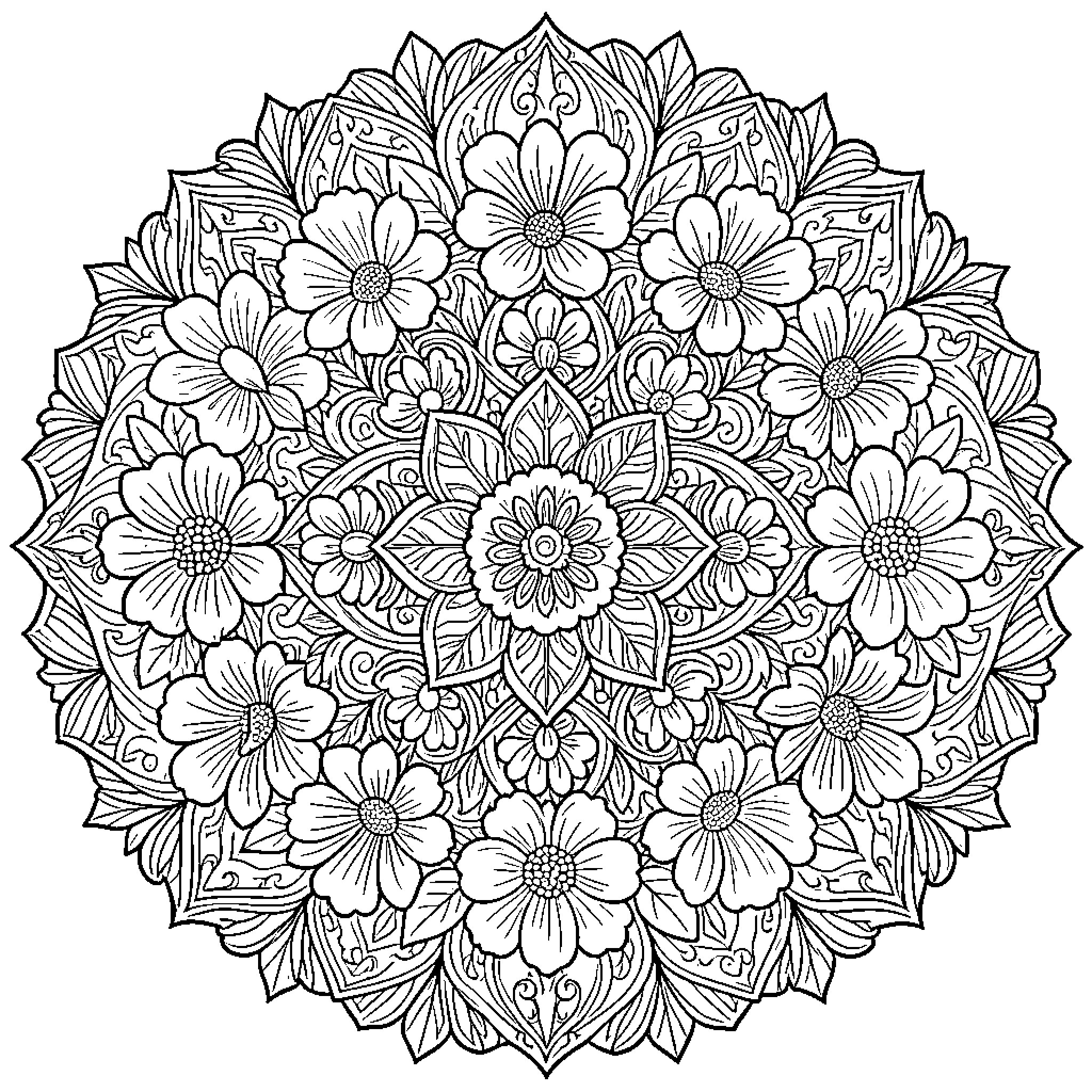 Mandala of Intricate Floral Patterns Coloring Page (free black-and-white line drawing printable PDF for all, from beginners to advanced learners, including children, teens, adults, and seniors)