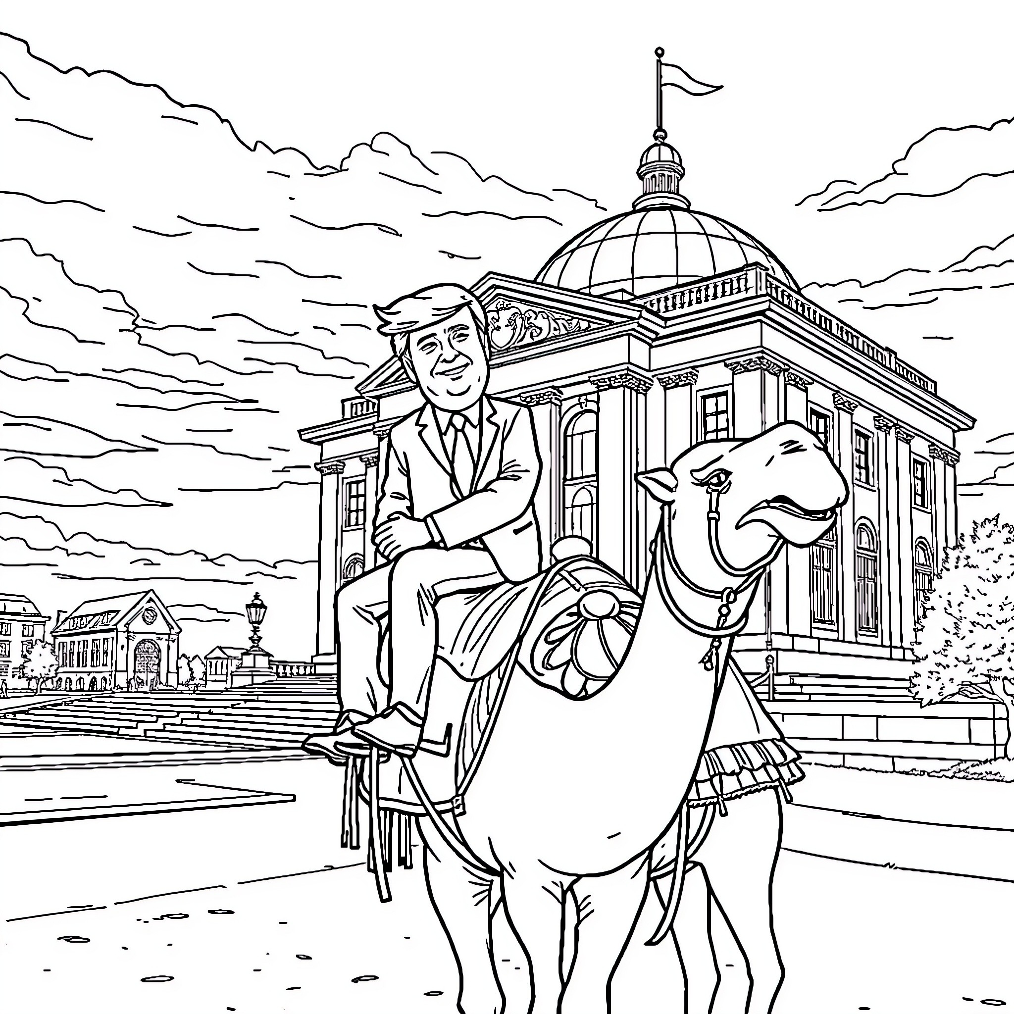 Trump riding a horse in front of the Capitol building Coloring Page (free black-and-white line drawing printable PDF for all, from beginners to advanced learners, including children, teens, adults, and seniors)