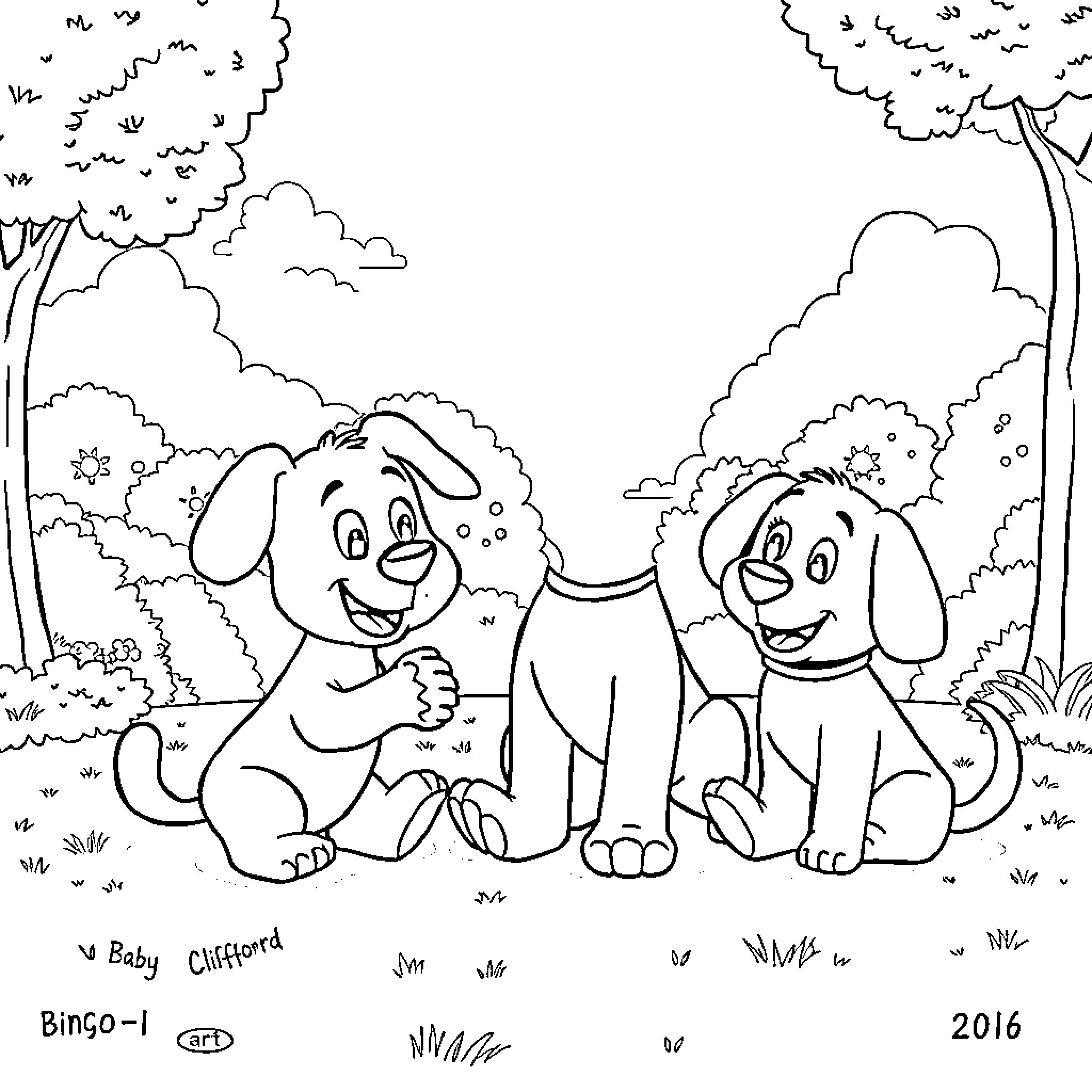 Bluey's Puppy Adventure in the Outdoors Coloring Page (free black-and-white line drawing printable PDF for all, from beginners to advanced learners, including children, teens, adults, and seniors)