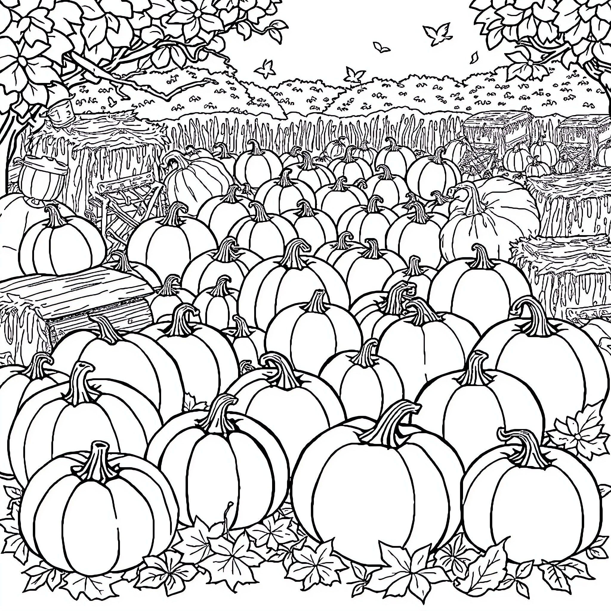 Pumpkin Patch Panorama Coloring Page (free black-and-white line drawing printable PDF for all, from beginners to advanced learners, including children, teens, adults, and seniors)