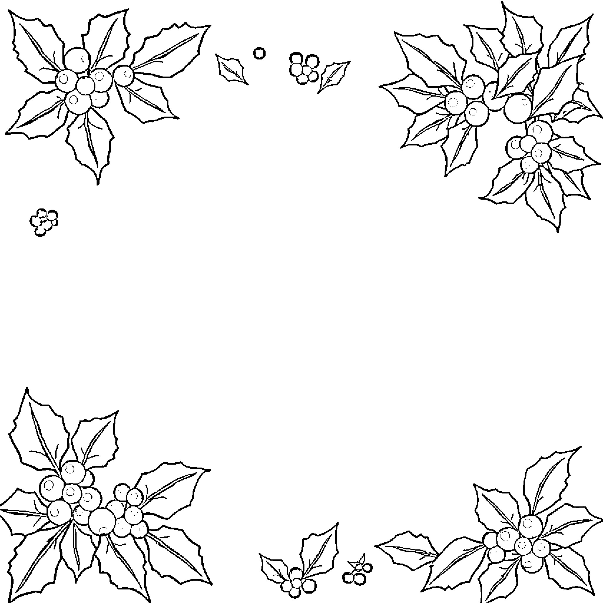 Holly Decorative Flowers and Leaves Coloring Page (free black-and-white line drawing printable PDF for all, from beginners to advanced learners, including children, teens, adults, and seniors)
