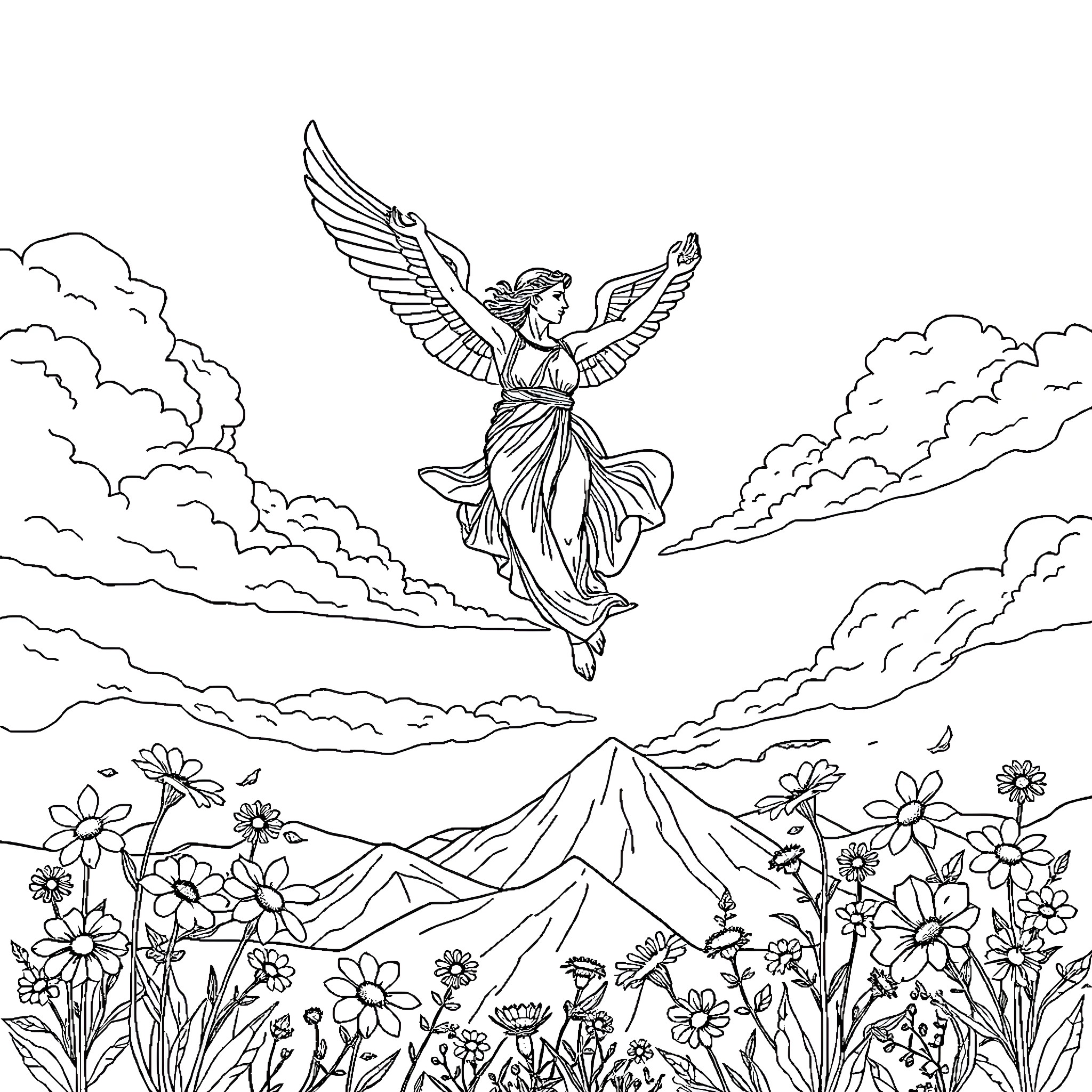 Athena, the Winged Goddess, Soaring Above the Floral Landscape Coloring Page (free black-and-white line drawing printable PDF for all, from beginners to advanced learners, including children, teens, adults, and seniors)