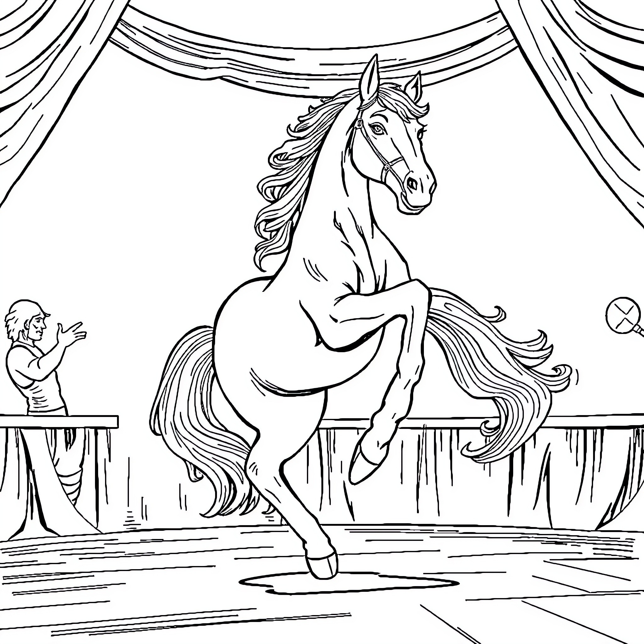 Dancer showcasing elegant equine performance on stage Coloring Page (free black-and-white line drawing printable PDF for all, from beginners to advanced learners, including children, teens, adults, and seniors)
