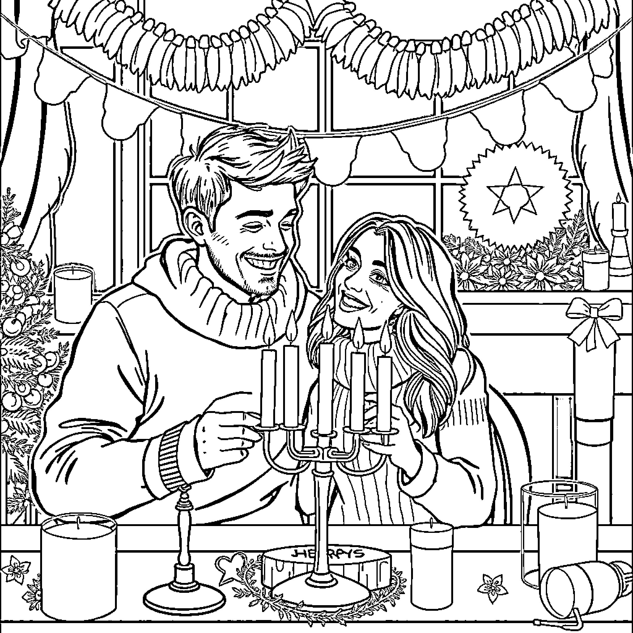 Hanukkah celebration with a loving couple Coloring Page (free black-and-white line drawing printable PDF for all, from beginners to advanced learners, including children, teens, adults, and seniors)