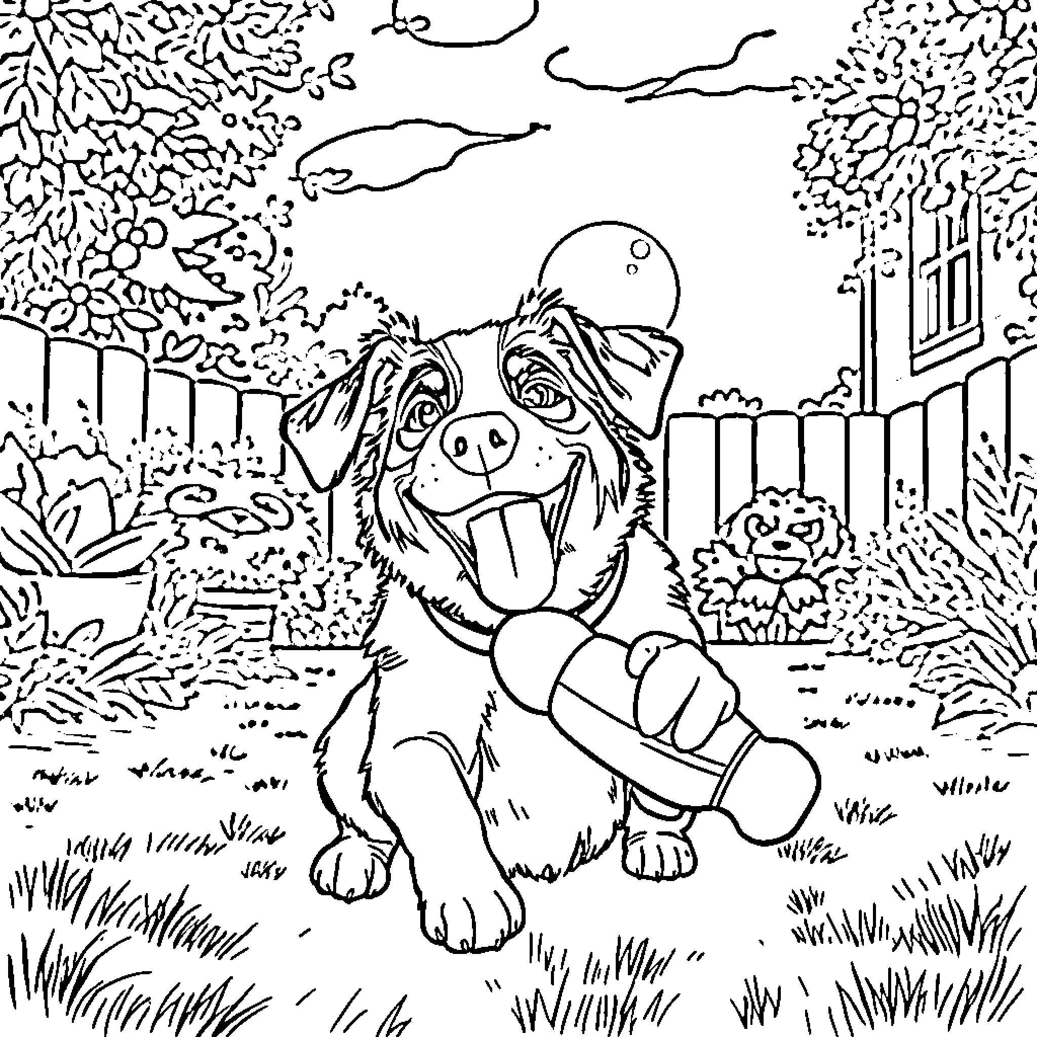 Dog relaxing in the park Coloring Page (free black-and-white line drawing printable PDF for all, from beginners to advanced learners, including children, teens, adults, and seniors)