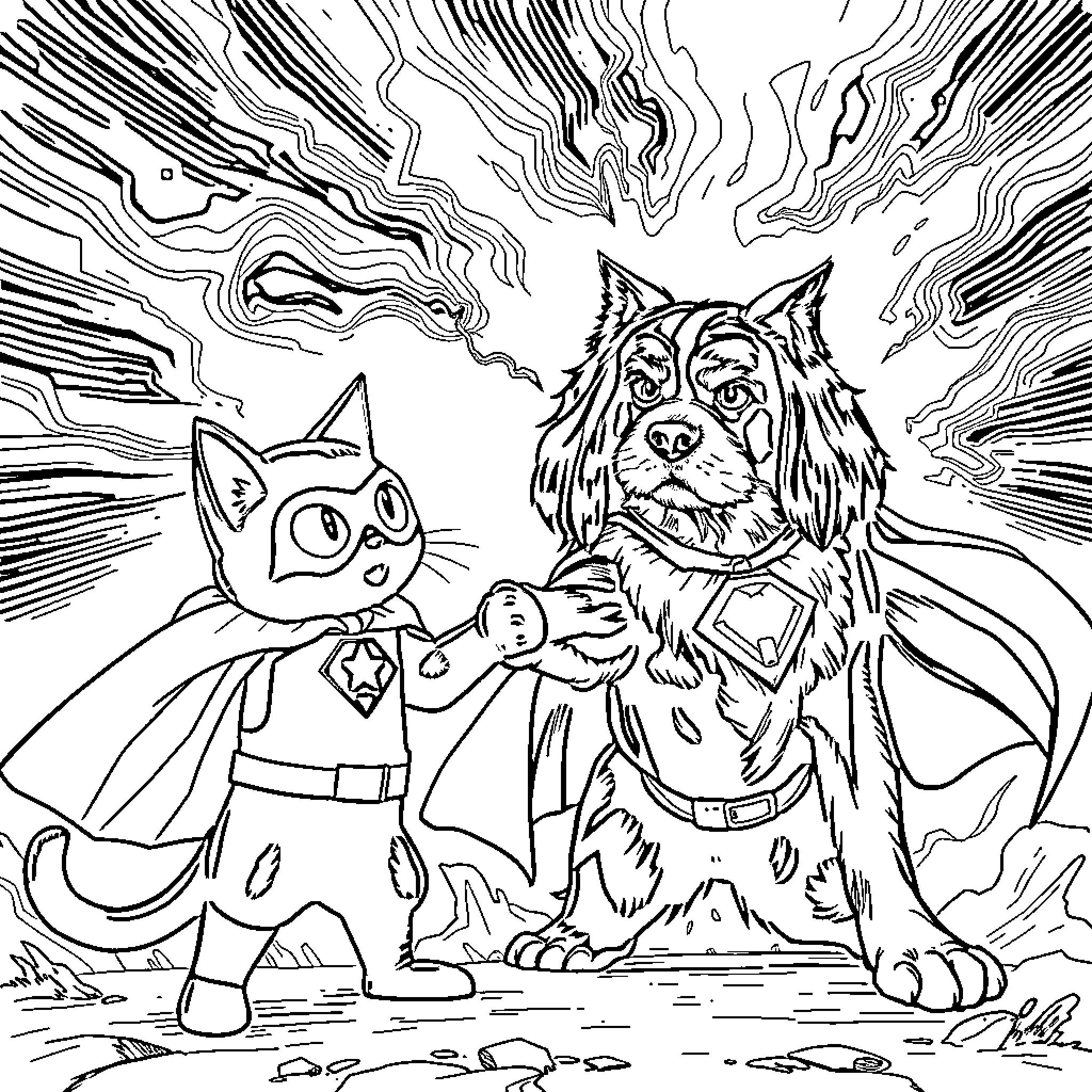 Cat superhero and magical animal companion Coloring Page (free black-and-white line drawing printable PDF for all, from beginners to advanced learners, including children, teens, adults, and seniors)